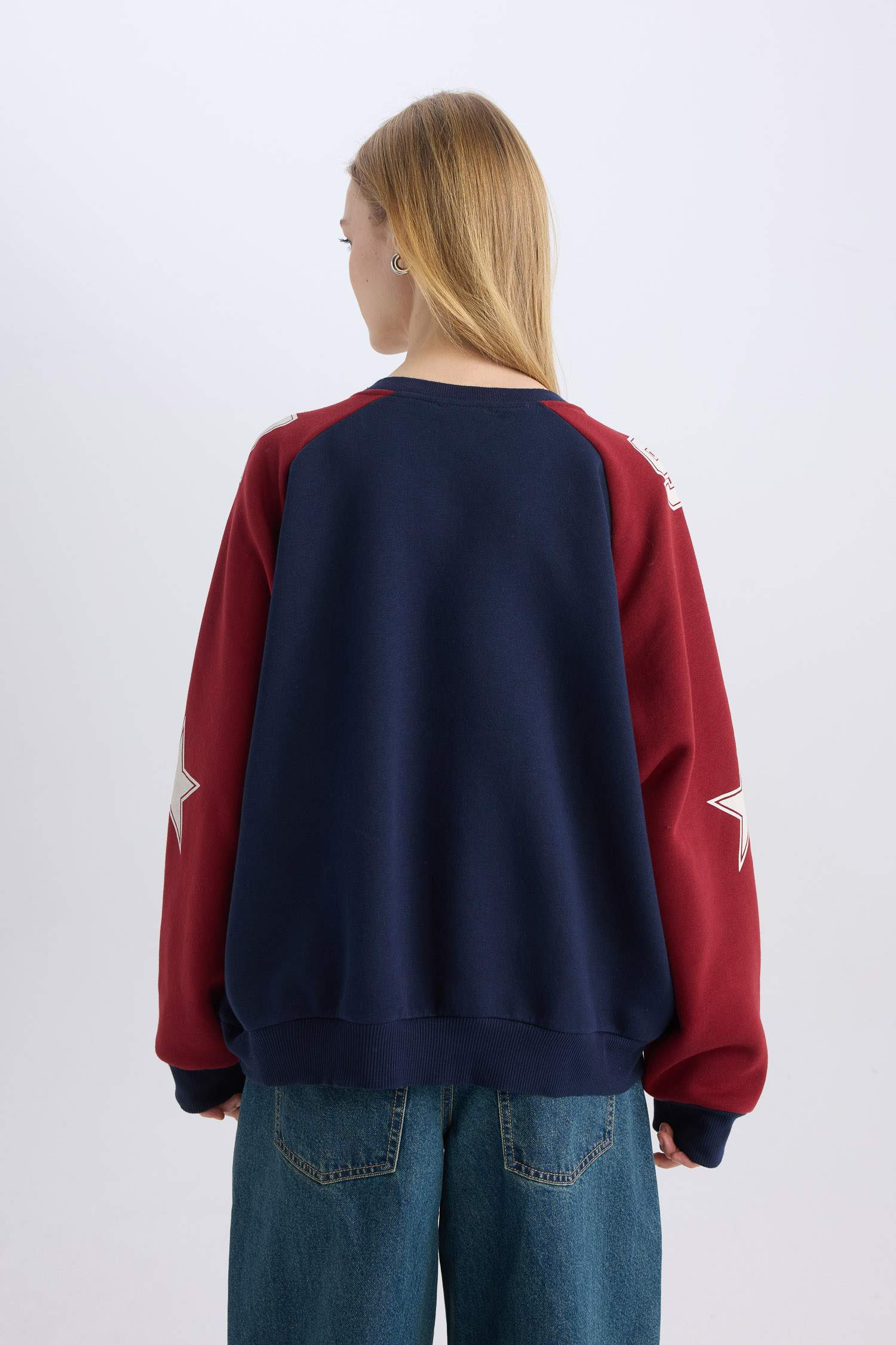 Coool Oversize Geniş Kalıp V Yaka Renk Bloklu Baskılı Kalın Sweatshirt