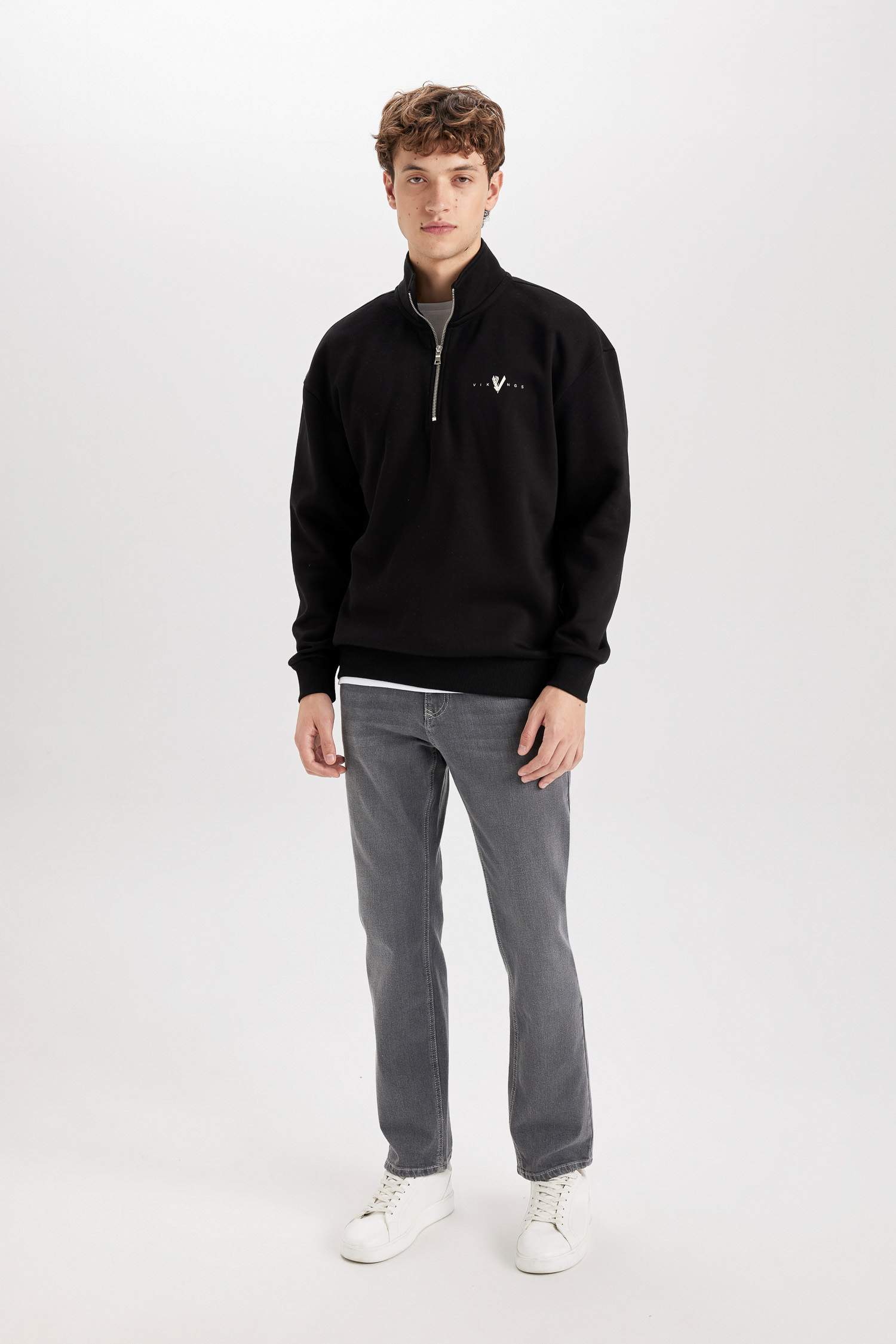 Vikings Boxy Fit Dik Yaka Baskılı Sweatshirt