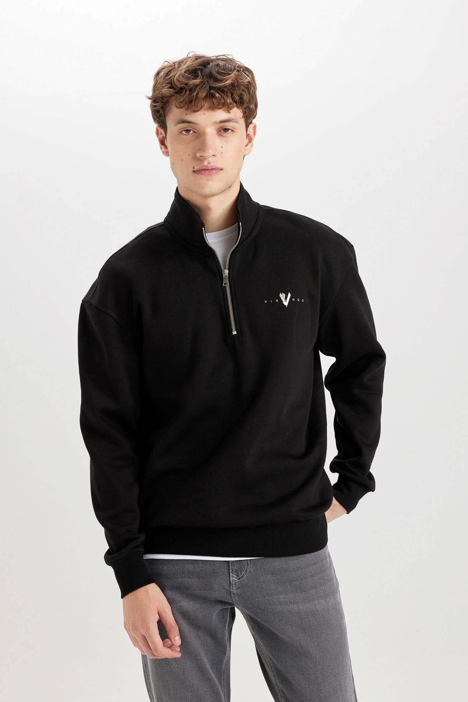 Vikings Boxy Fit Dik Yaka Baskılı Sweatshirt