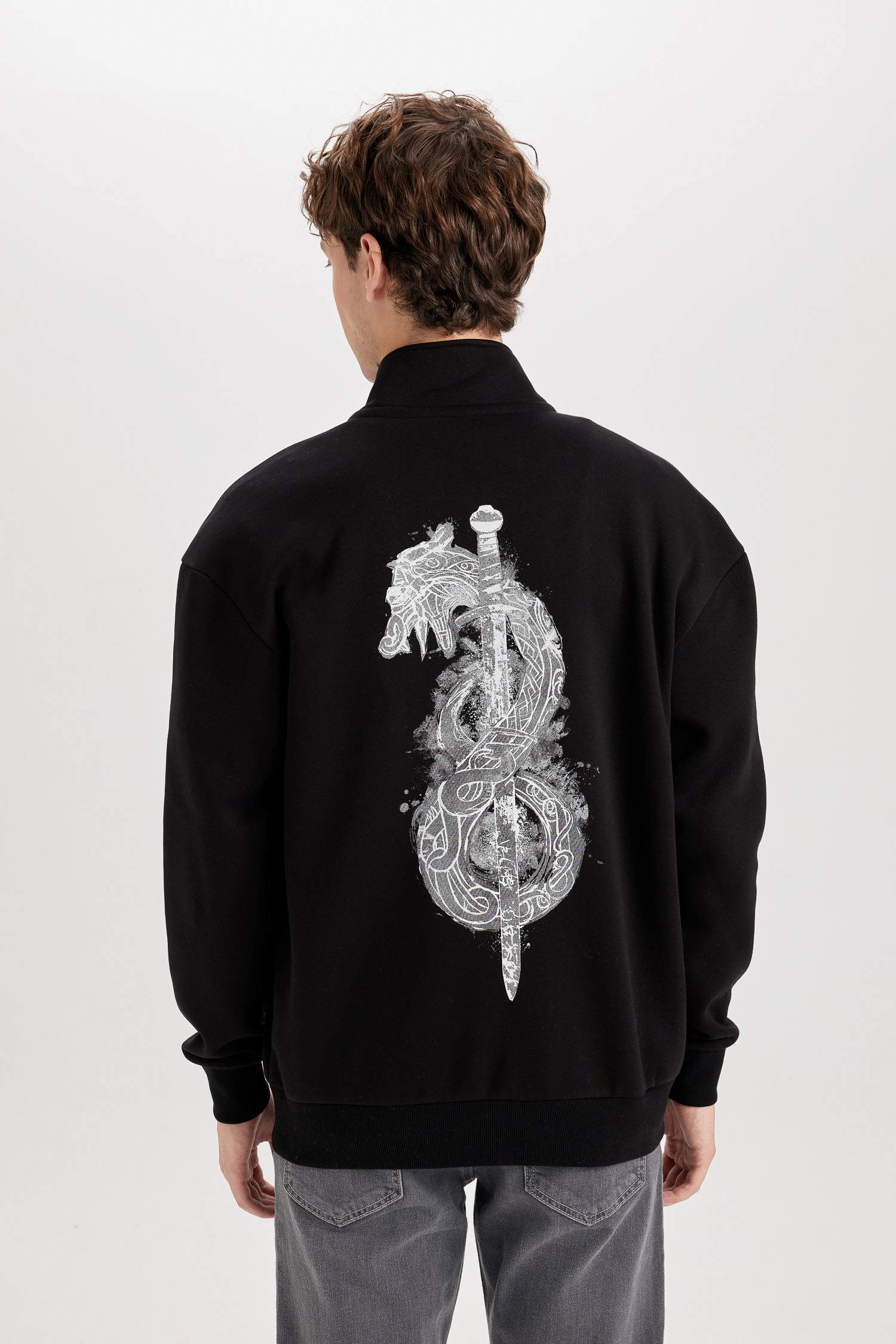 Vikings Boxy Fit Dik Yaka Baskılı Sweatshirt