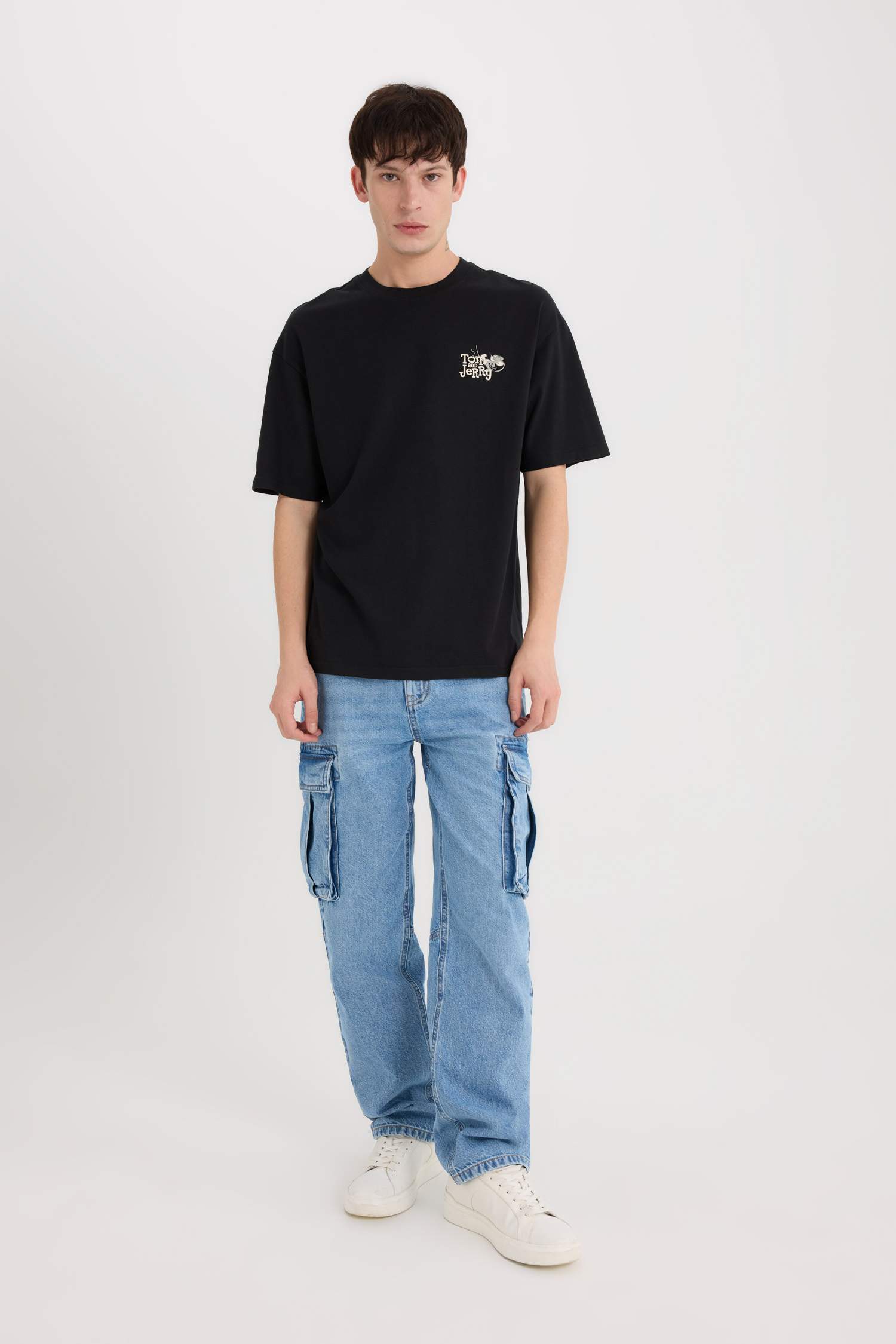 %100 Pamuk Tom & Jerry Boxy Fit Bisiklet Yaka Sırt Baskılı Kısa Kollu Tişört