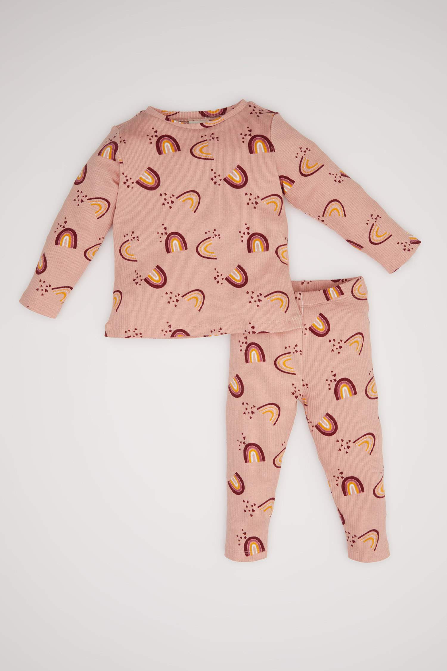 Kız Bebek Pijama Takımı Gökkuşağı Baskılı Uzun Kollu Fitilli Kaşkorse Üst Beli Lastikli Uzun Alt