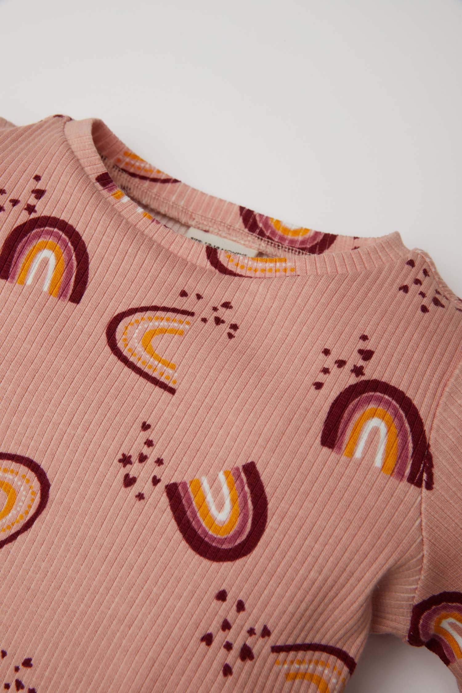 Kız Bebek Pijama Takımı Gökkuşağı Baskılı Uzun Kollu Fitilli Kaşkorse Üst Beli Lastikli Uzun Alt