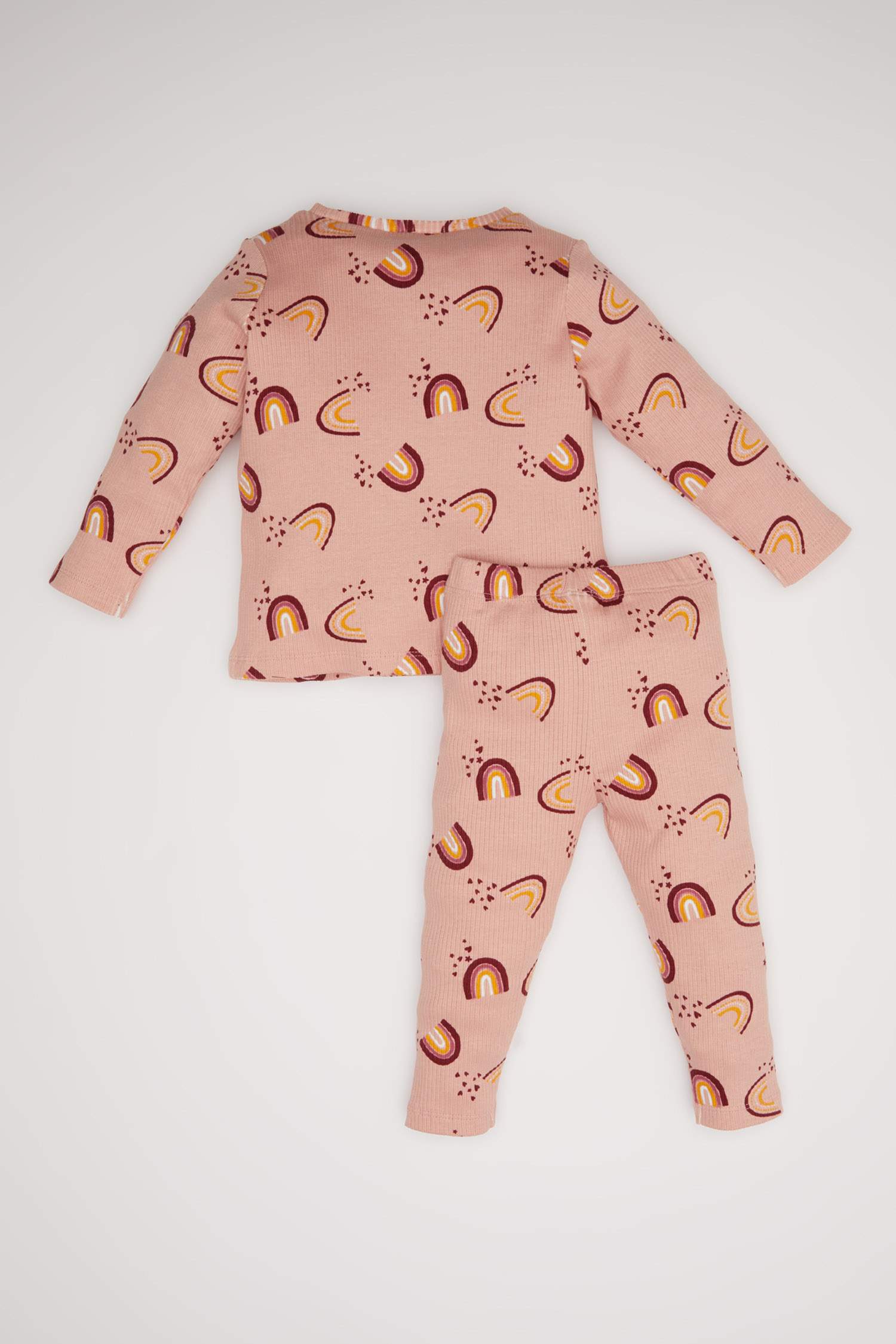 Kız Bebek Pijama Takımı Gökkuşağı Baskılı Uzun Kollu Fitilli Kaşkorse Üst Beli Lastikli Uzun Alt