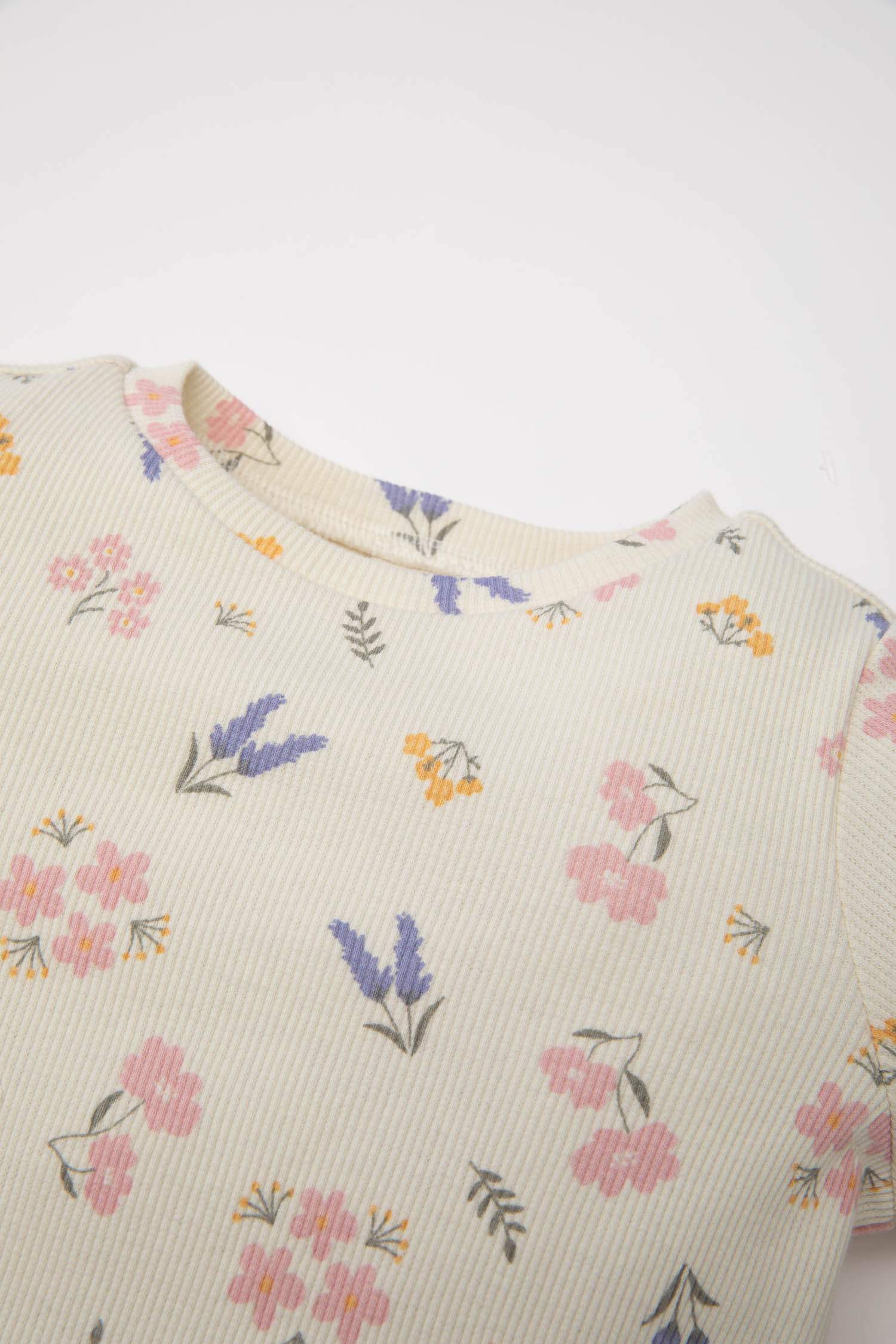 Kız Bebek Pijama Takımı Çiçekli Uzun Kollu Fitilli Kaşkorse Üst Beli Lastikli Uzun Alt