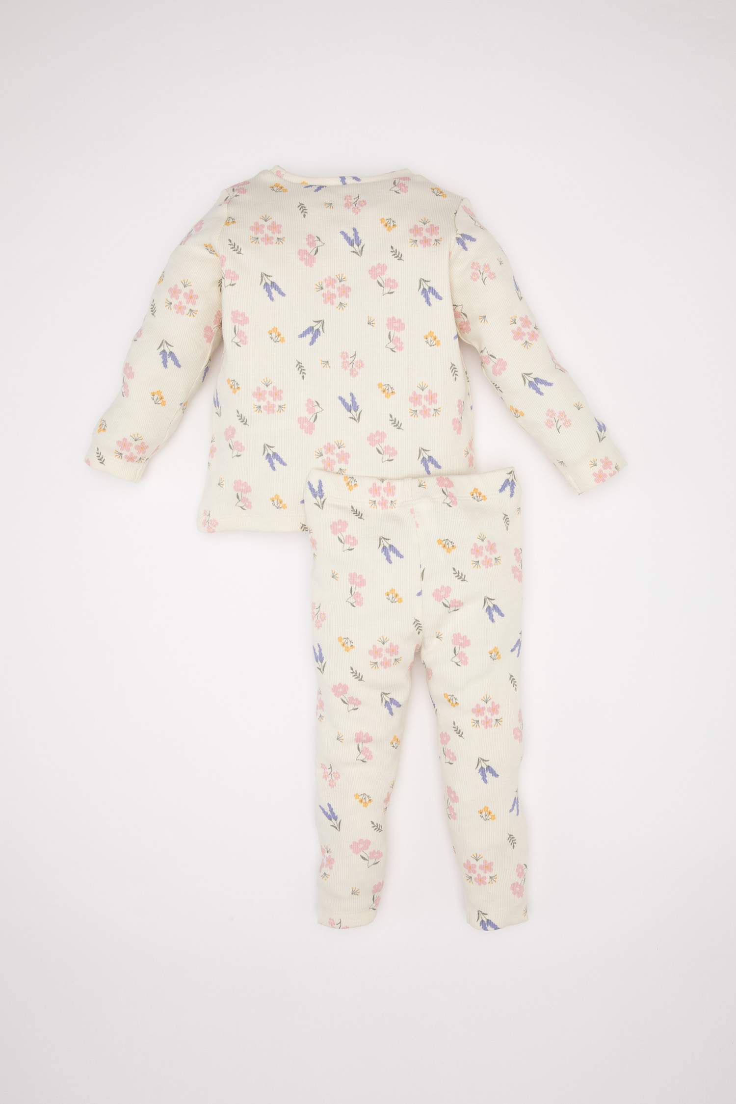 Kız Bebek Pijama Takımı Çiçekli Uzun Kollu Fitilli Kaşkorse Üst Beli Lastikli Uzun Alt