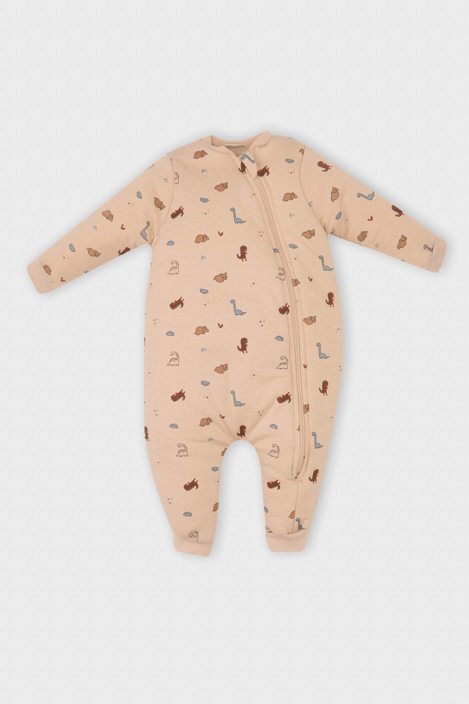 Erkek Bebek Yenidoğan Dinozor Desenli Fermuarlı Uzun Kollu Penye Uyku Tulumu