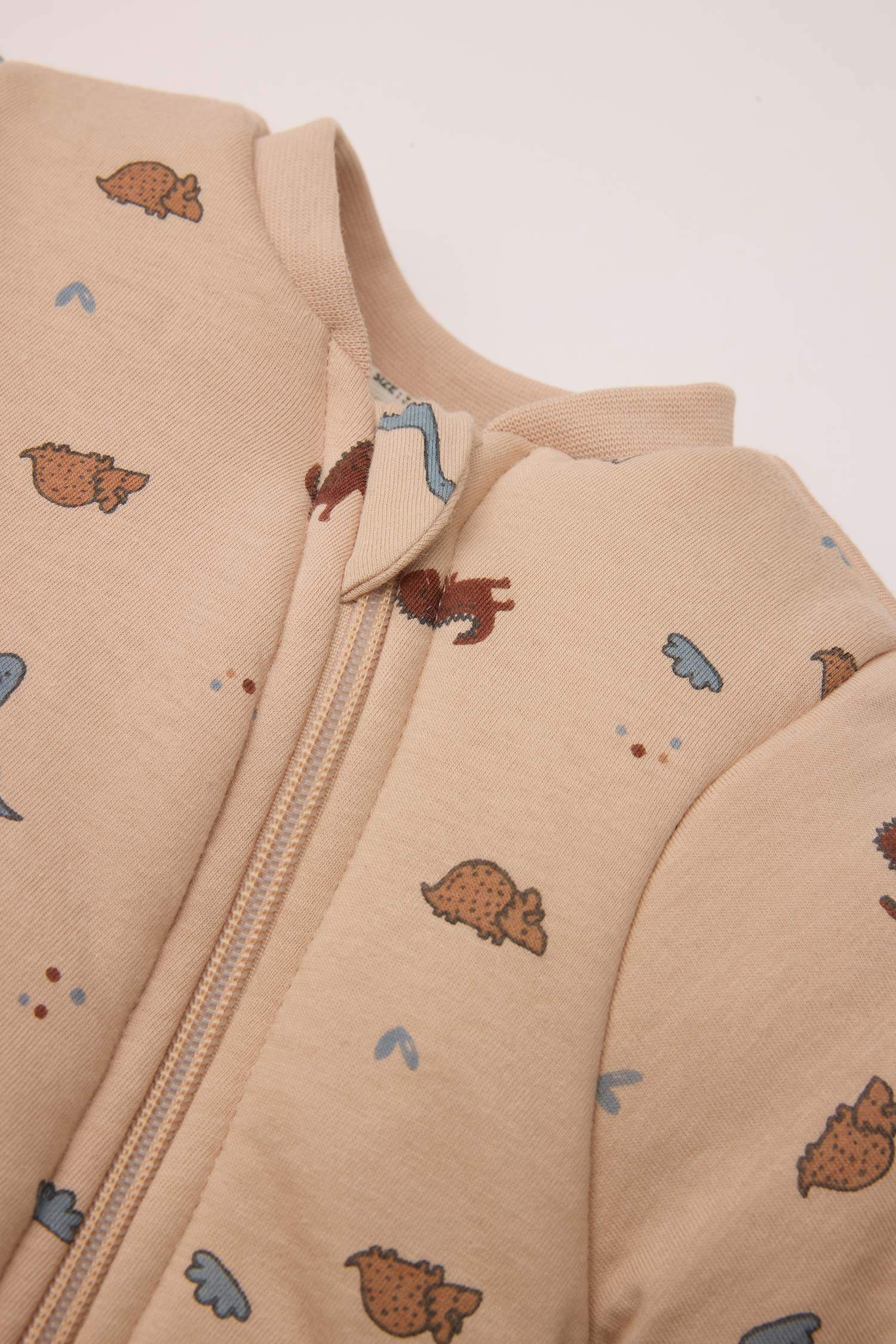 Erkek Bebek Yenidoğan Dinozor Desenli Fermuarlı Uzun Kollu Penye Uyku Tulumu