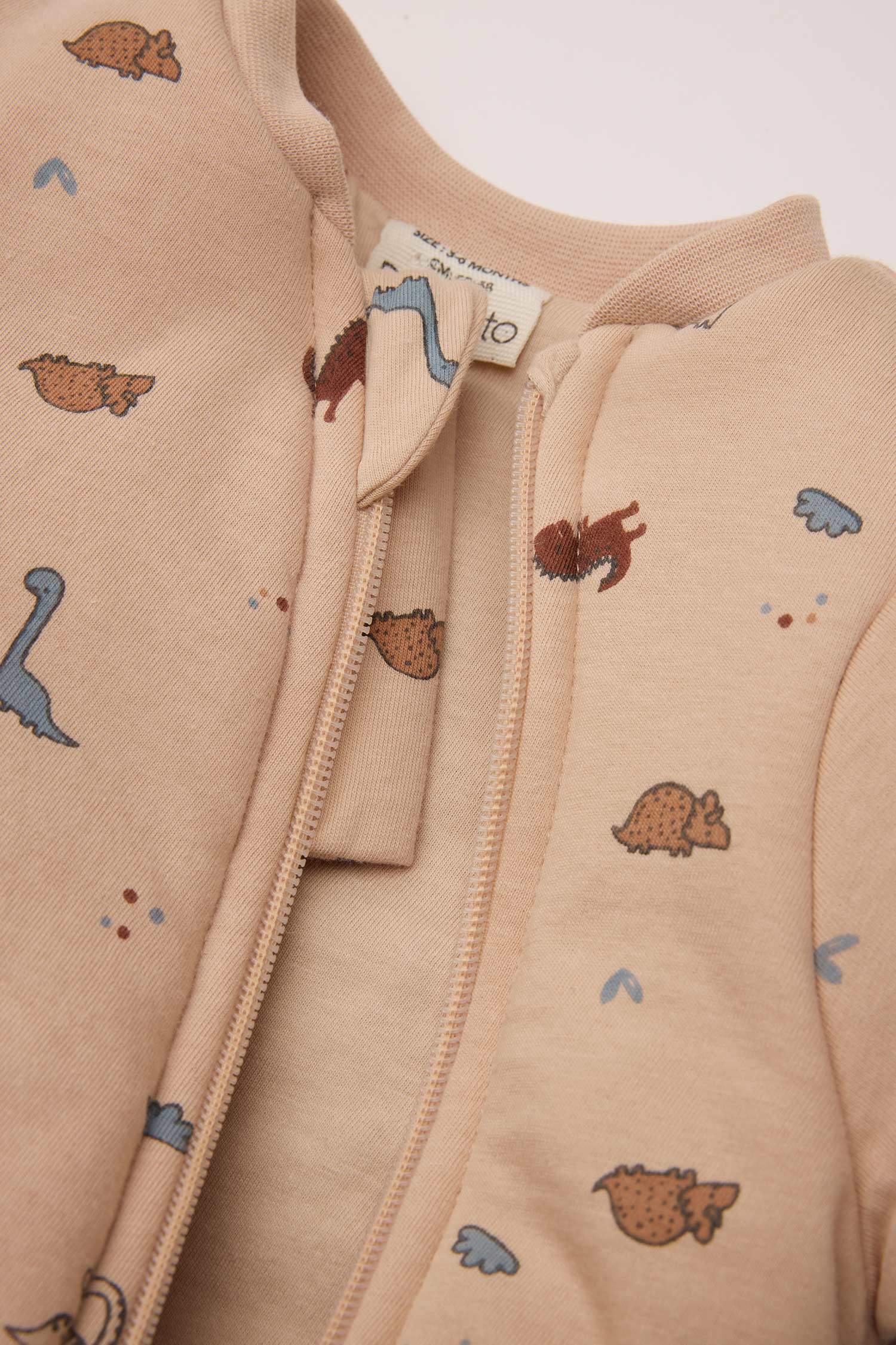 Erkek Bebek Yenidoğan Dinozor Desenli Fermuarlı Uzun Kollu Penye Uyku Tulumu