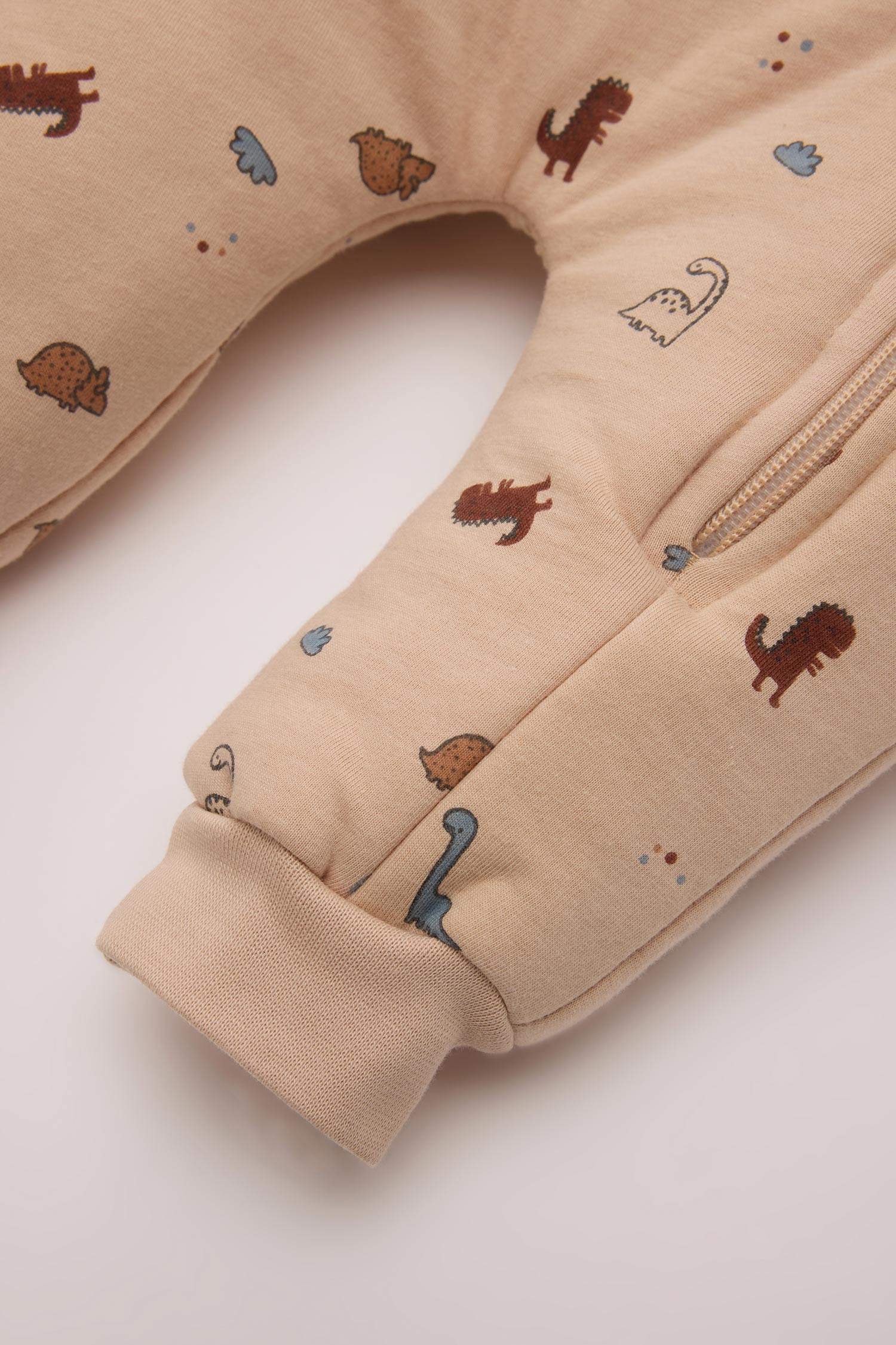 Erkek Bebek Yenidoğan Dinozor Desenli Fermuarlı Uzun Kollu Penye Uyku Tulumu