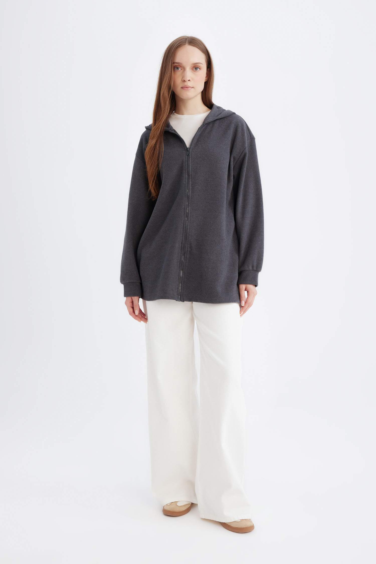 Kapüşonlu Basic Düz Fermuarlı Cepli Selanik Kumaş Uzun Triko Hırka