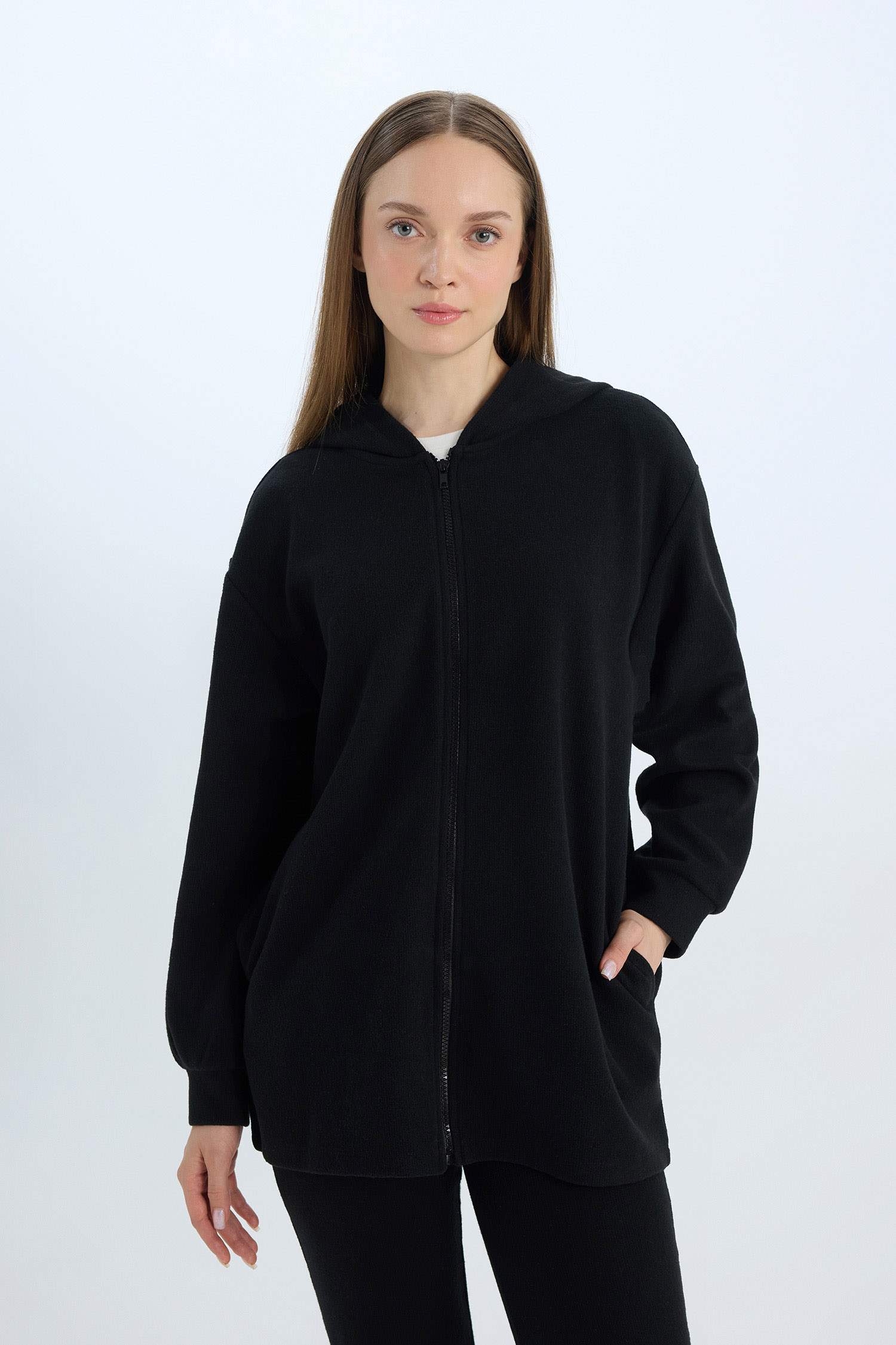 Kapüşonlu Basic Düz Fermuarlı Cepli Selanik Kumaş Uzun Triko Hırka