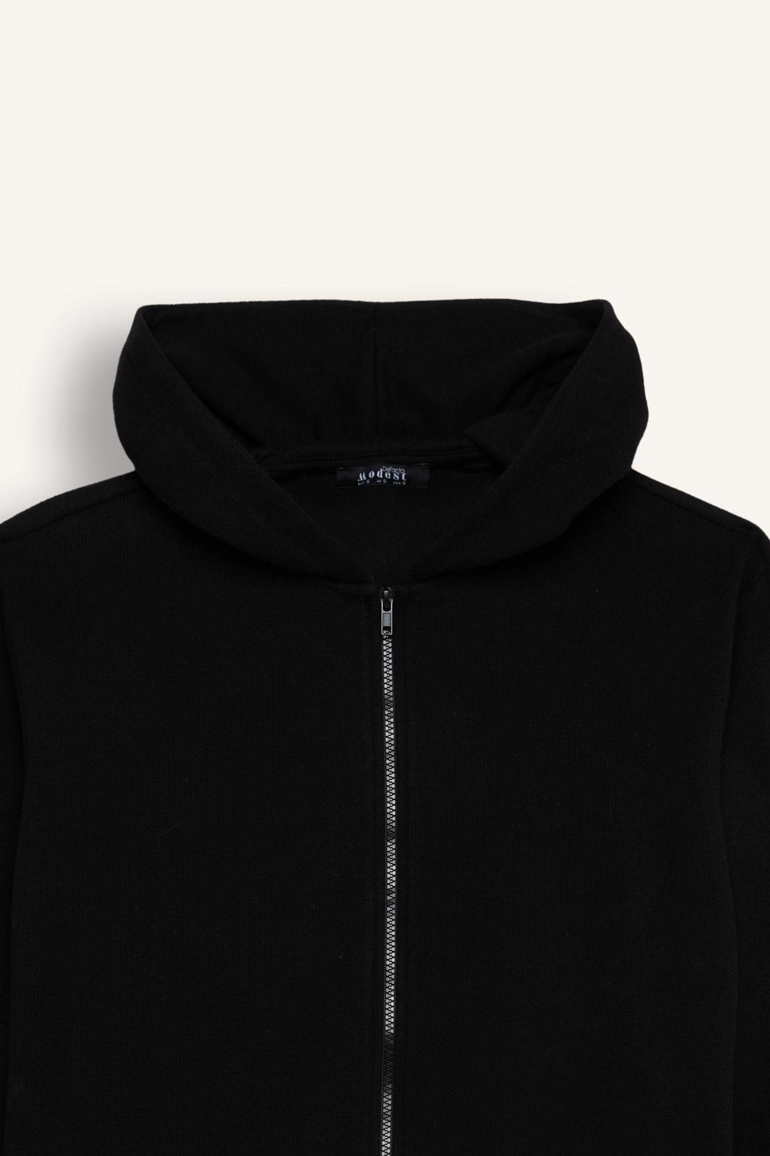 Kapüşonlu Basic Düz Fermuarlı Cepli Selanik Kumaş Uzun Triko Hırka