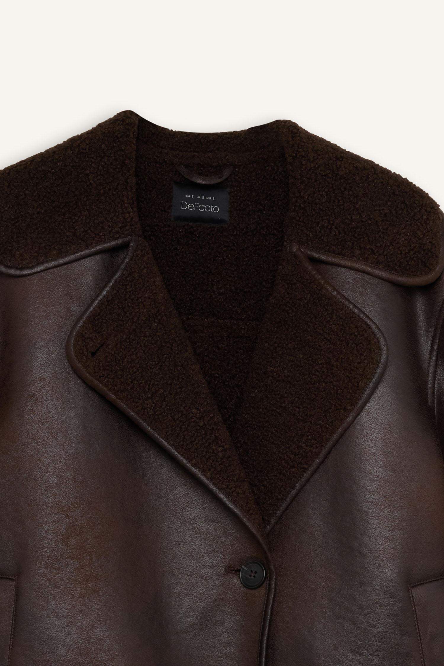 Polo Yaka Pelüş Düğmeli Cepli Astarlı Mevsimlik Suni Deri Ceket Mont