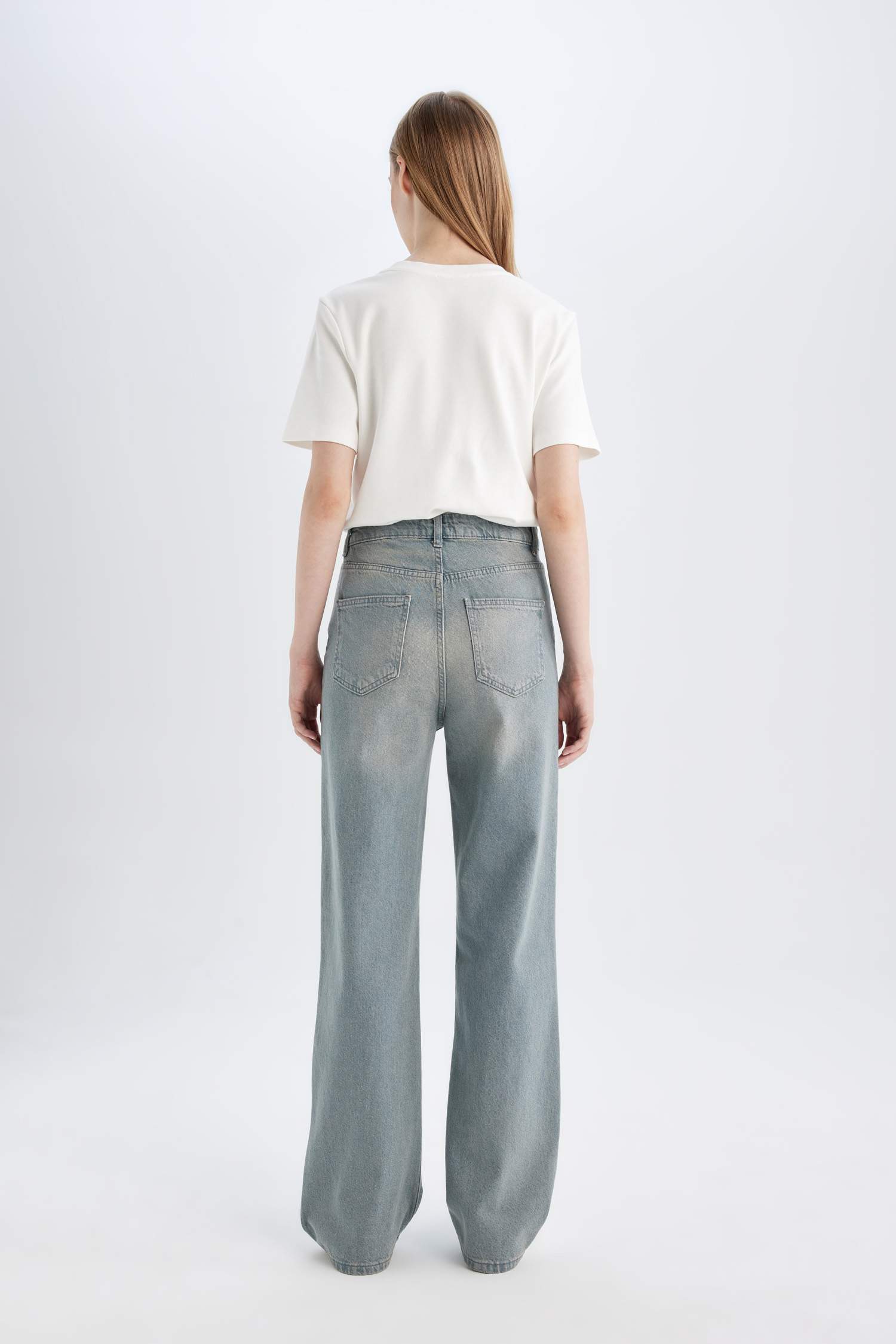 90's Wide Leg Yüksek Bel Uzun Jean Yıkamalı Pantolon