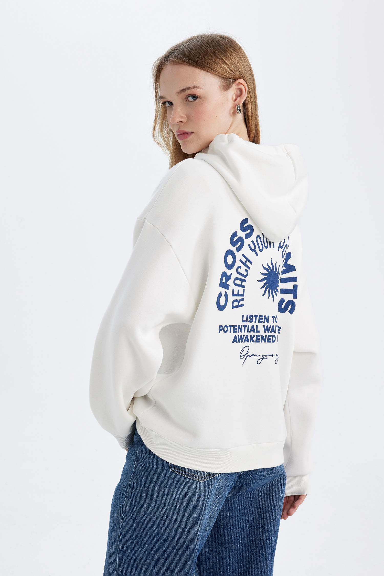 Oversize Geniş Kalıp Kapüşonlu Sırt Baskılı Kalın Beyaz Sweatshirt