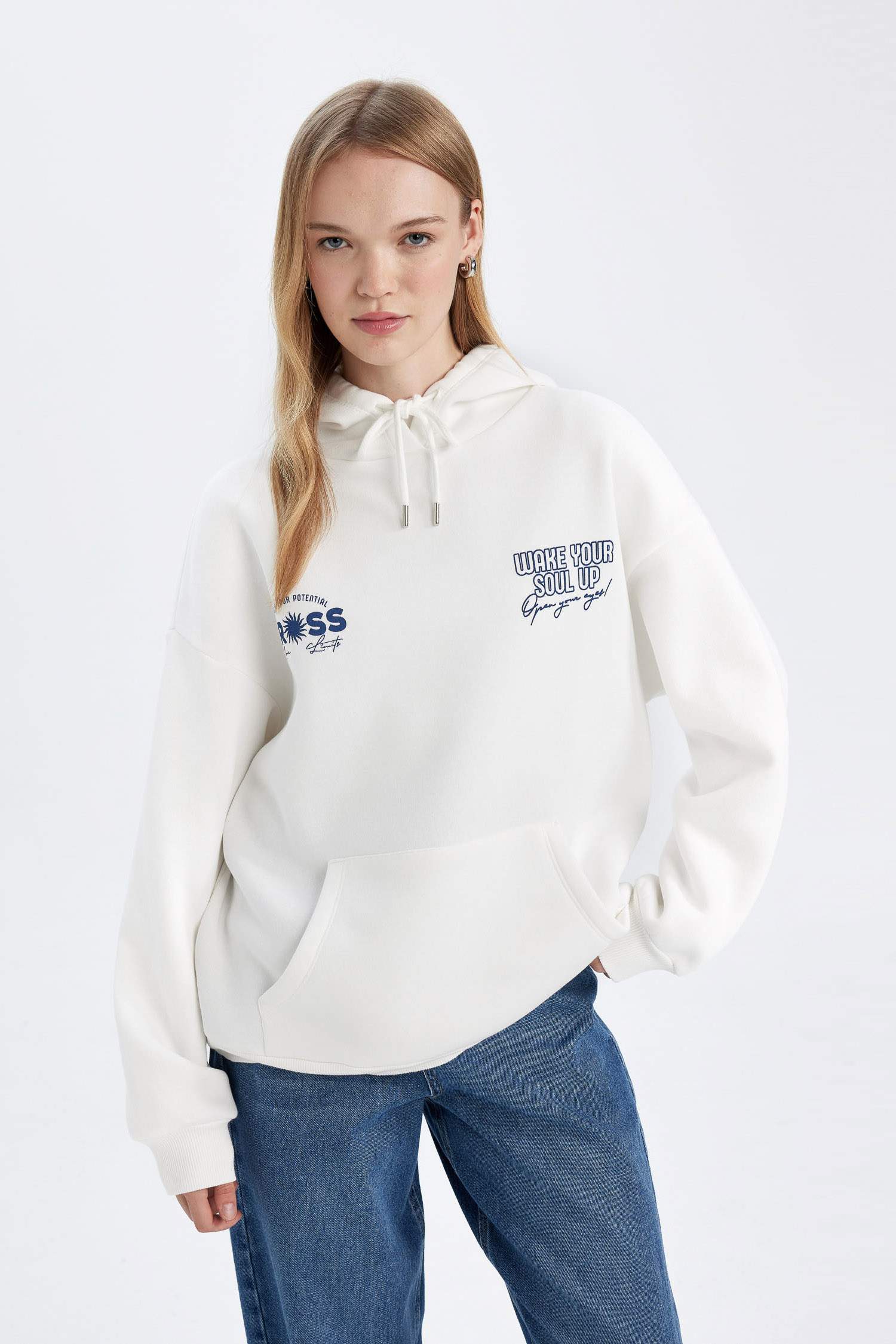 Oversize Geniş Kalıp Kapüşonlu Sırt Baskılı Kalın Beyaz Sweatshirt