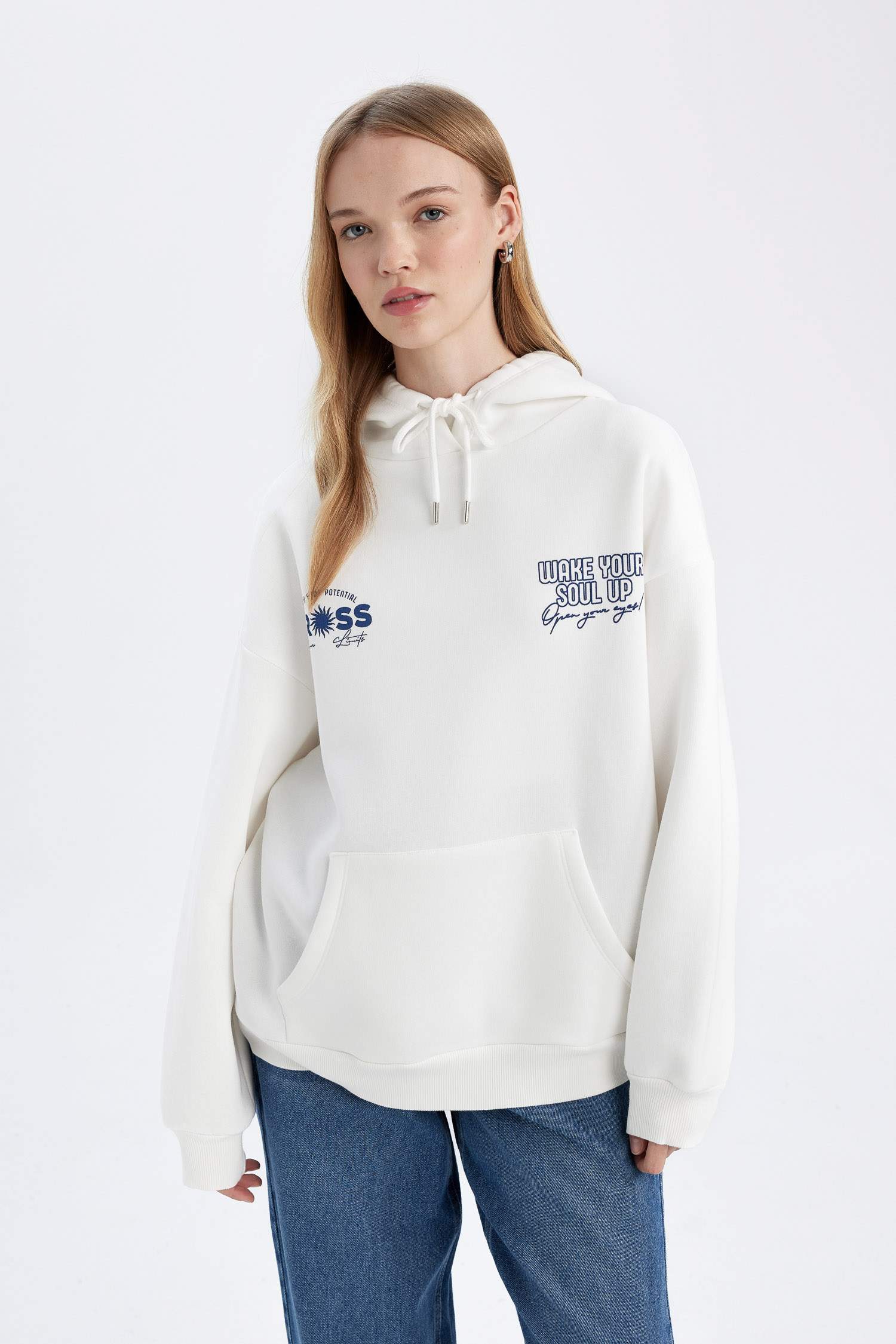Oversize Geniş Kalıp Kapüşonlu Sırt Baskılı Kalın Beyaz Sweatshirt