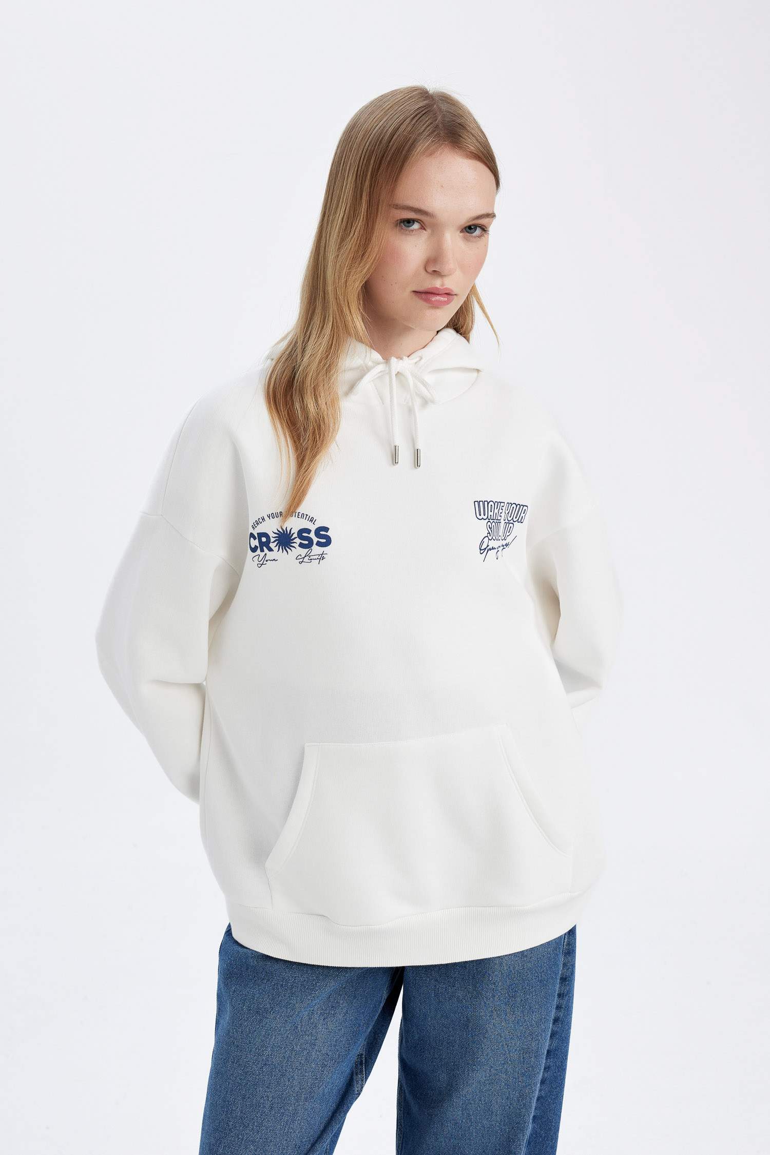 Oversize Geniş Kalıp Kapüşonlu Sırt Baskılı Kalın Beyaz Sweatshirt