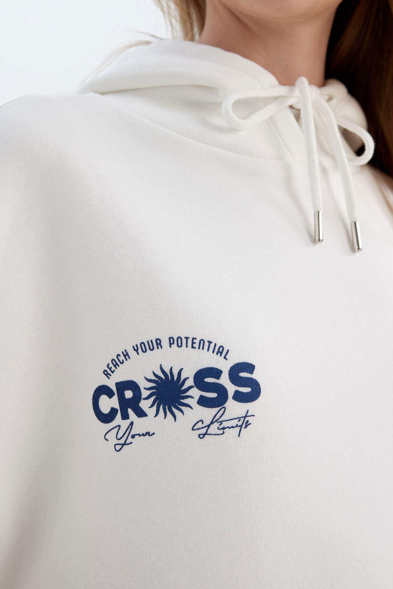 Oversize Geniş Kalıp Kapüşonlu Sırt Baskılı Kalın Beyaz Sweatshirt