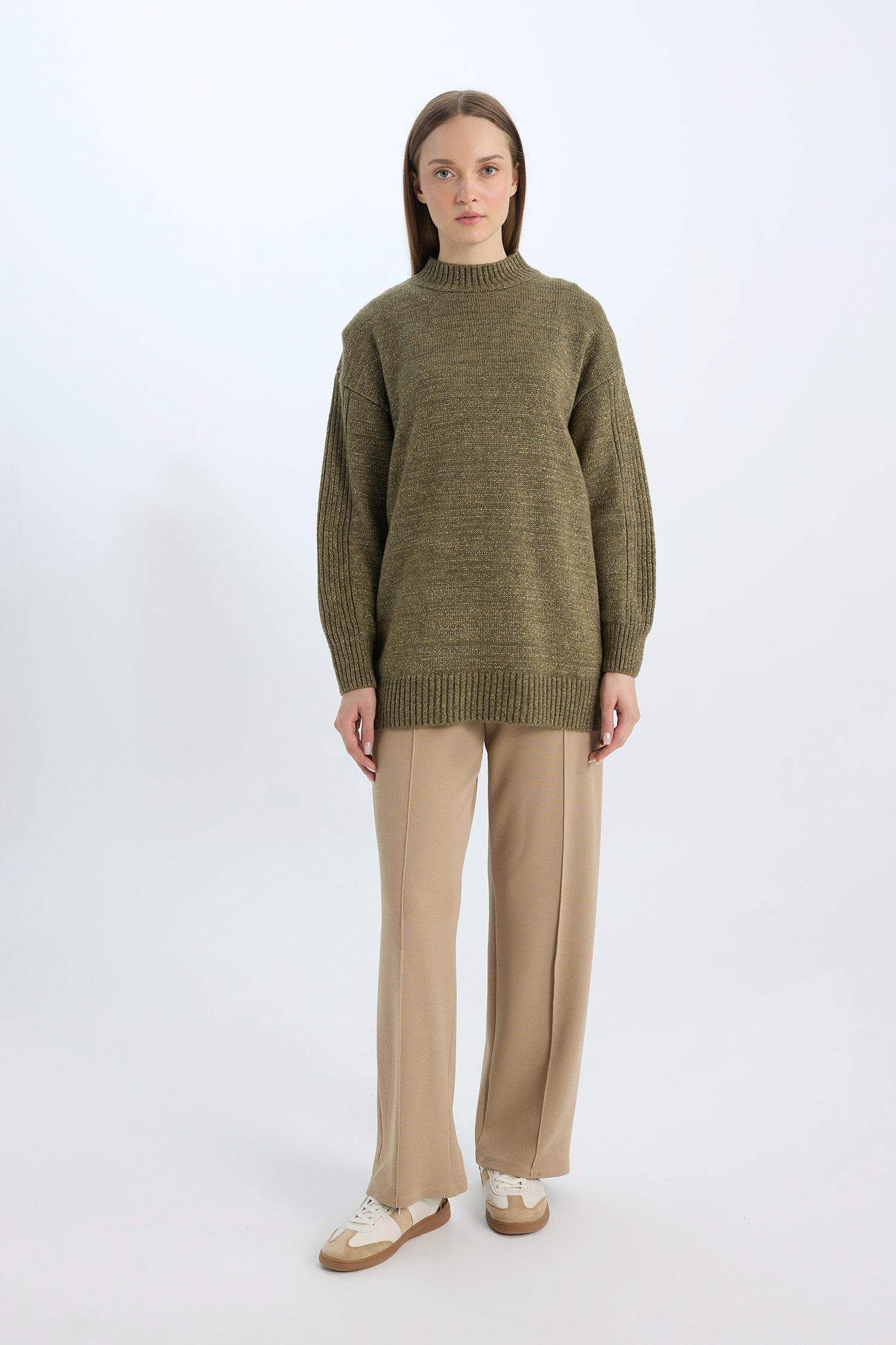 Relax Fit Beli Lastikli Basic Düz Krep Palazzo Pantolon