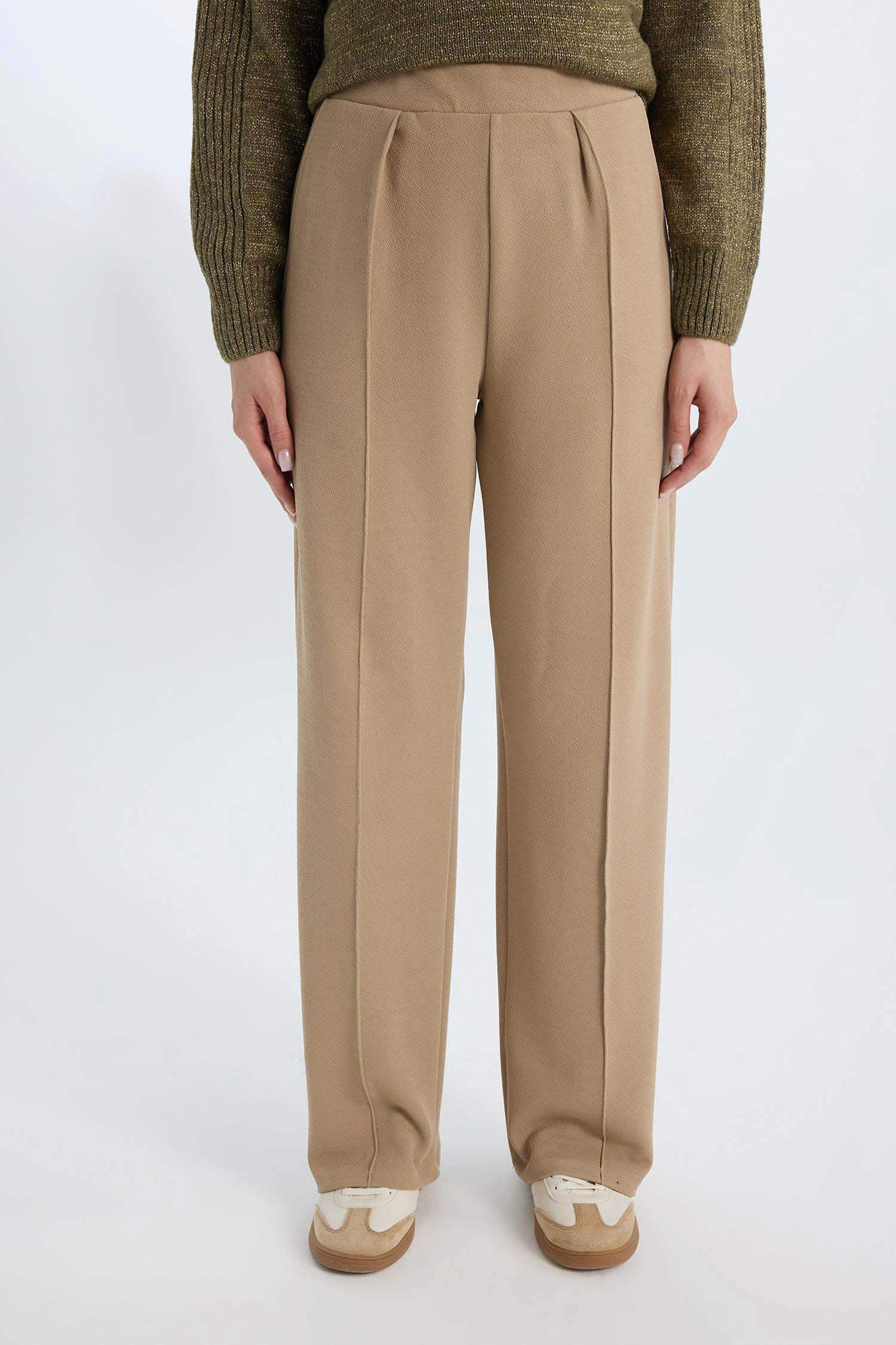 Relax Fit Beli Lastikli Basic Düz Krep Palazzo Pantolon