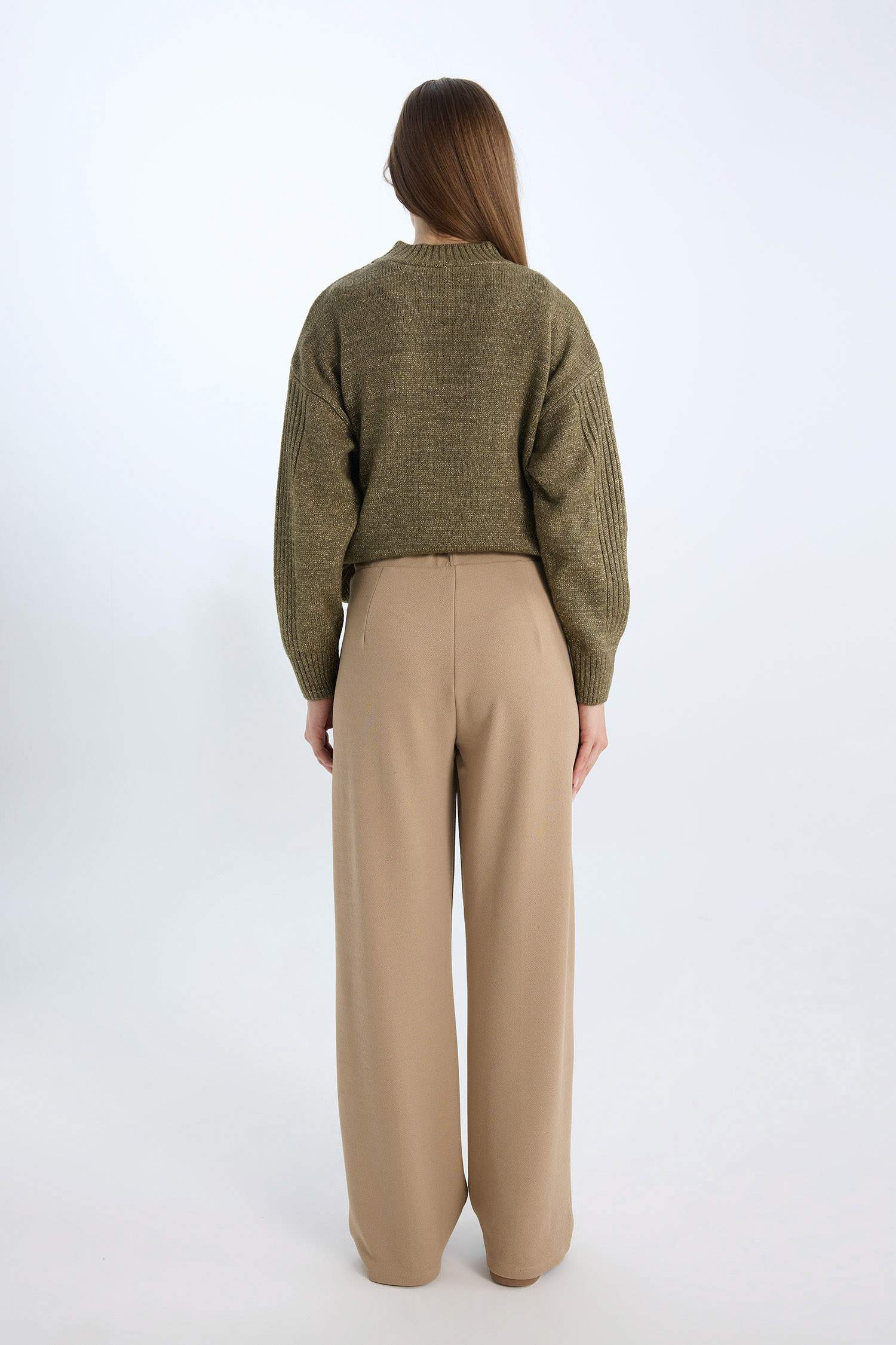 Relax Fit Beli Lastikli Basic Düz Krep Palazzo Pantolon