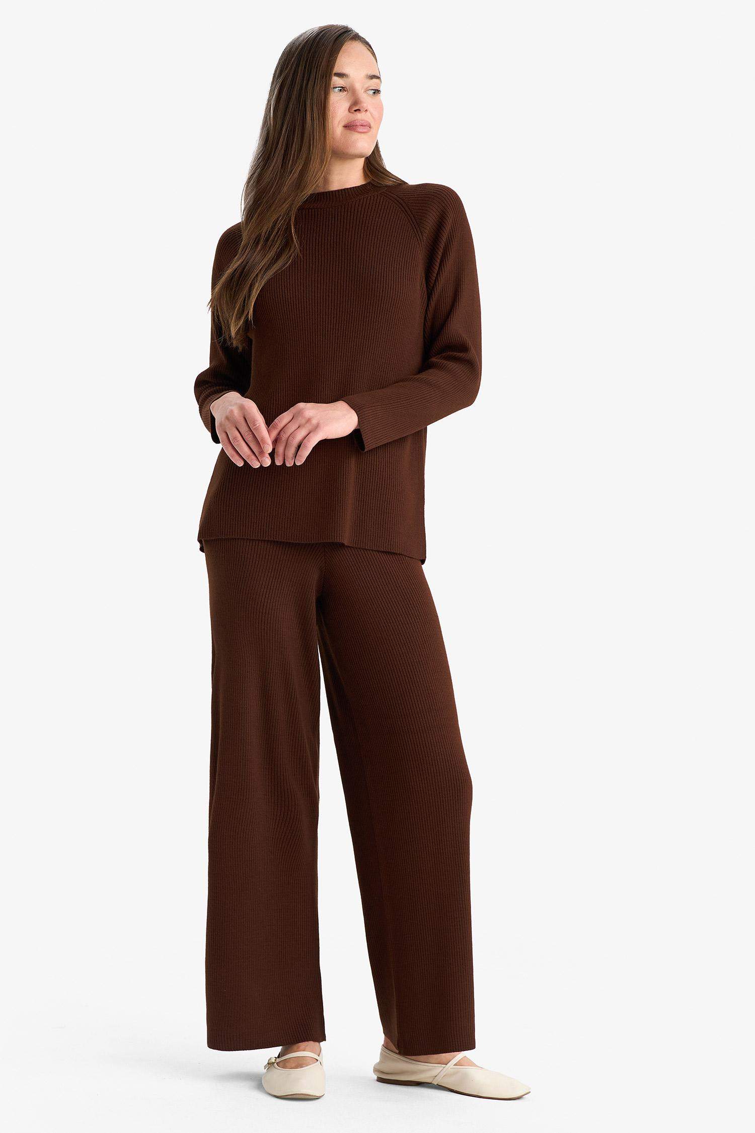 Regular Fit Basic Düz Beli Lastikli Düz Paça Triko Pantolon 