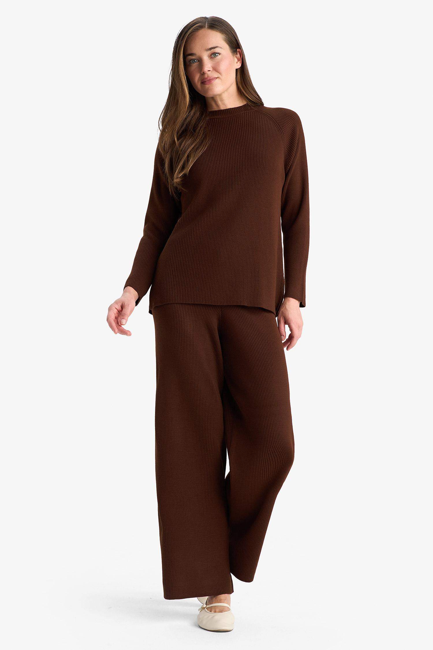 Regular Fit Basic Düz Beli Lastikli Düz Paça Triko Pantolon 