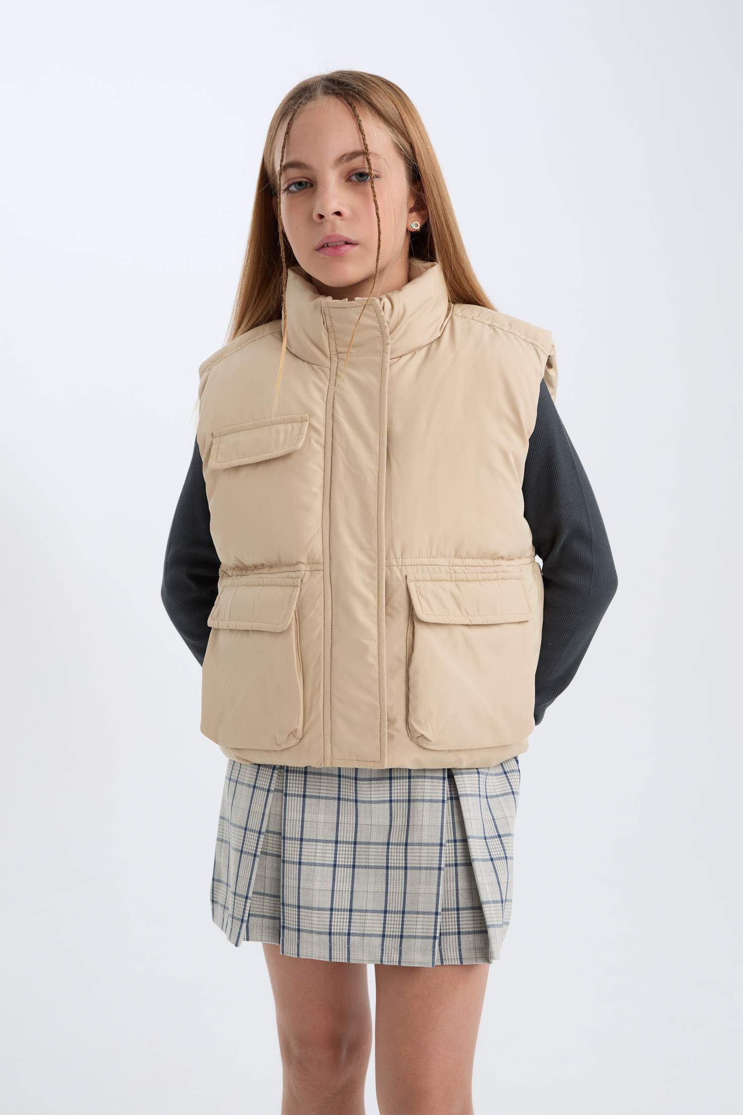 Kız Çocuk Su Geçirmez Dik Yaka Fermuarlı Cepli Şişme Yelek