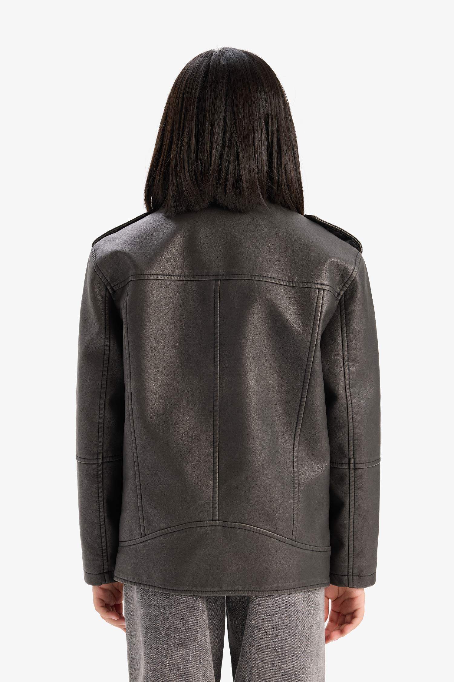 Kız Çocuk Su Geçirmez Fermuarlı Çift Cepli Suni Deri Ceket Mont