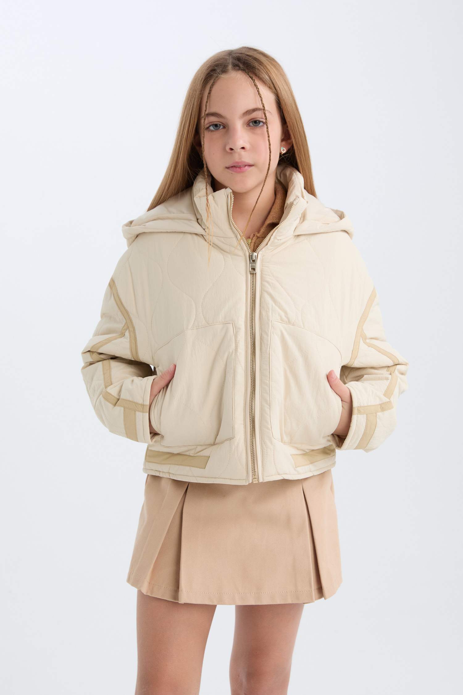 Kız Çocuk Su Geçirmez Kapüşonlu Fermuarlı Cepli Mont