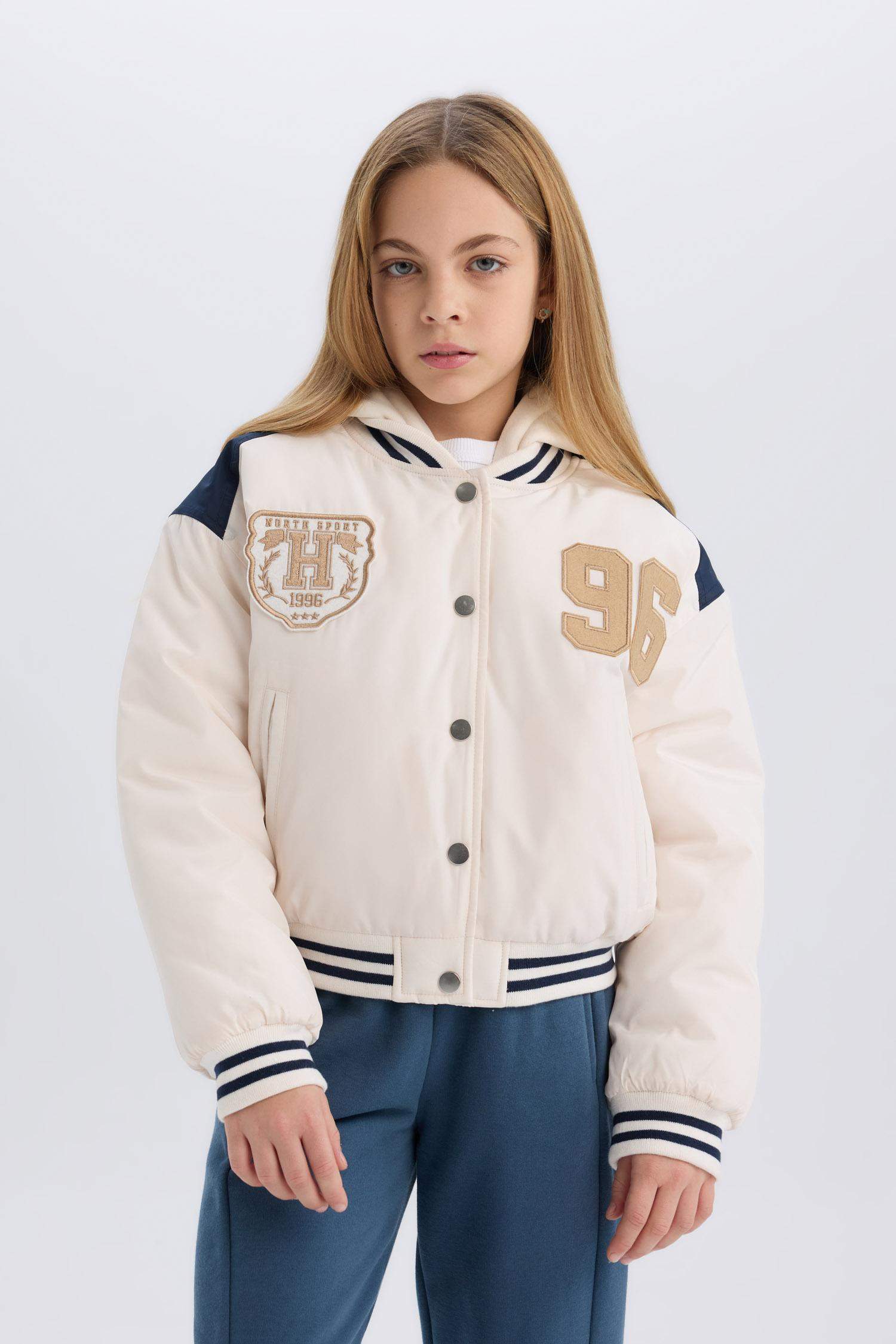 Kız Çocuk Su Geçirmez Şişme Bomber Mont Kapüşonlu Kolej Yaka Nakışlı Cepli