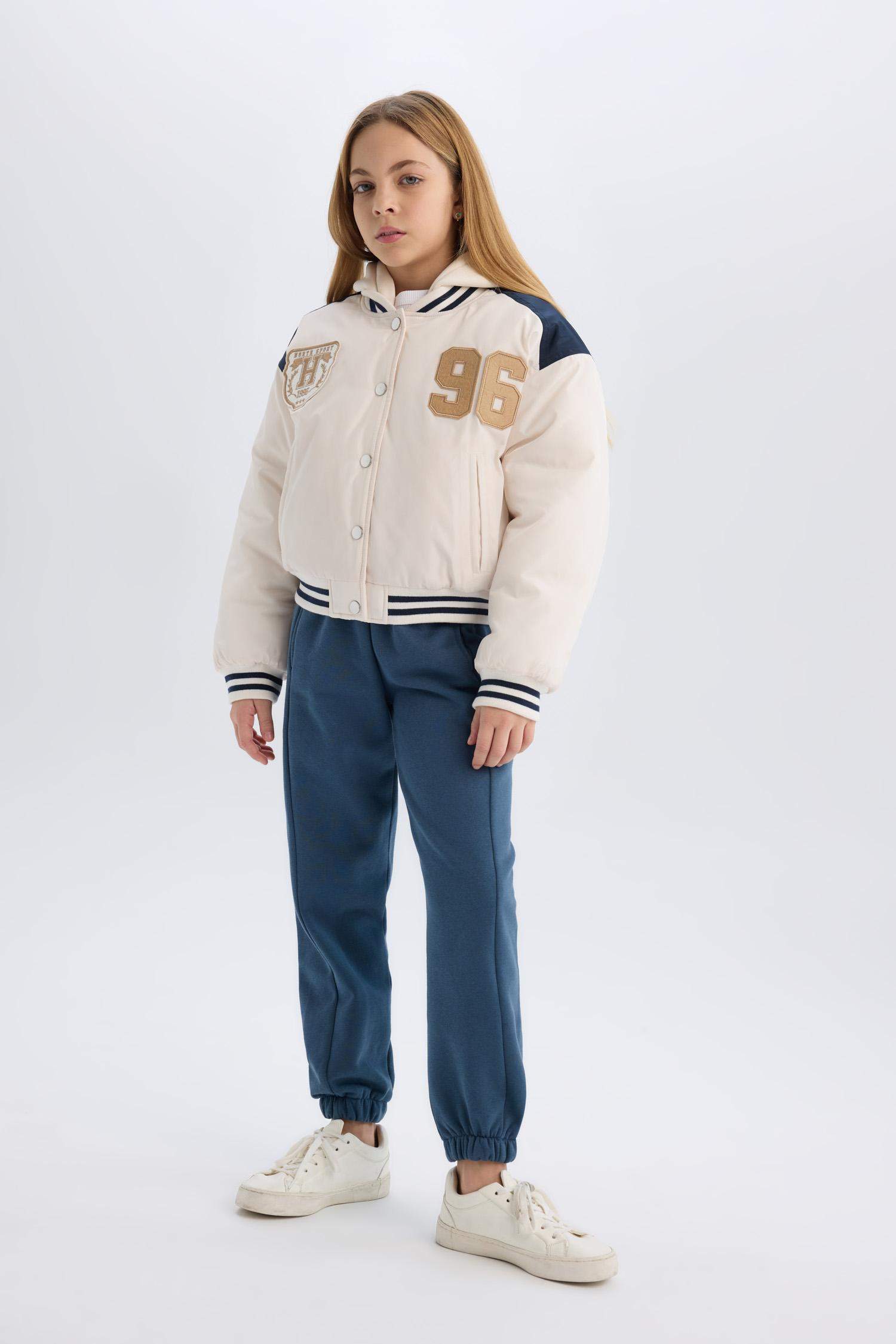 Kız Çocuk Su Geçirmez Şişme Bomber Mont Kapüşonlu Kolej Yaka Nakışlı Cepli