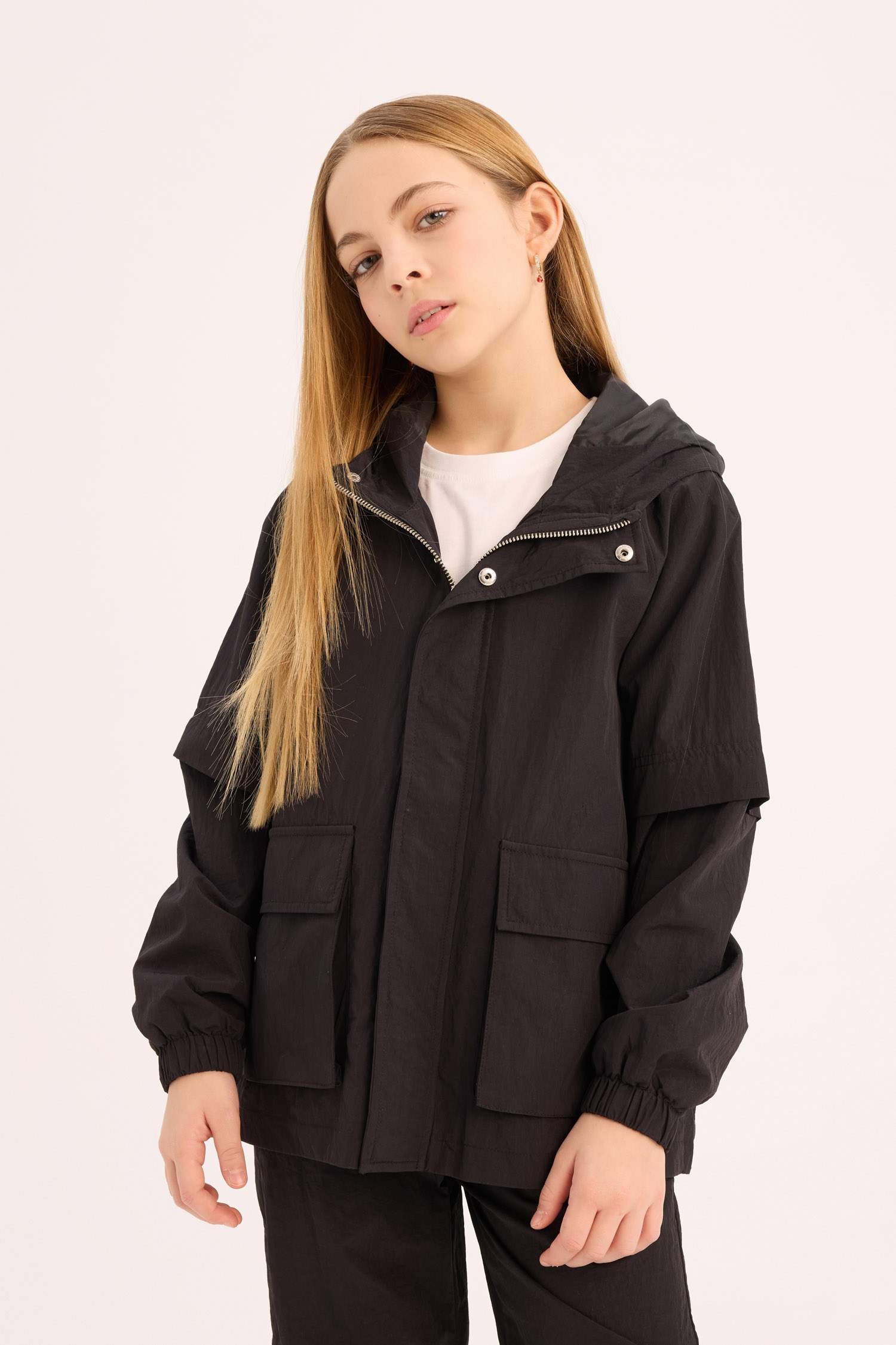 Kız Çocuk Su Geçirmez Kapüşonlu Fermuarlı Çıtçıtlı Cepli Yağmurluk