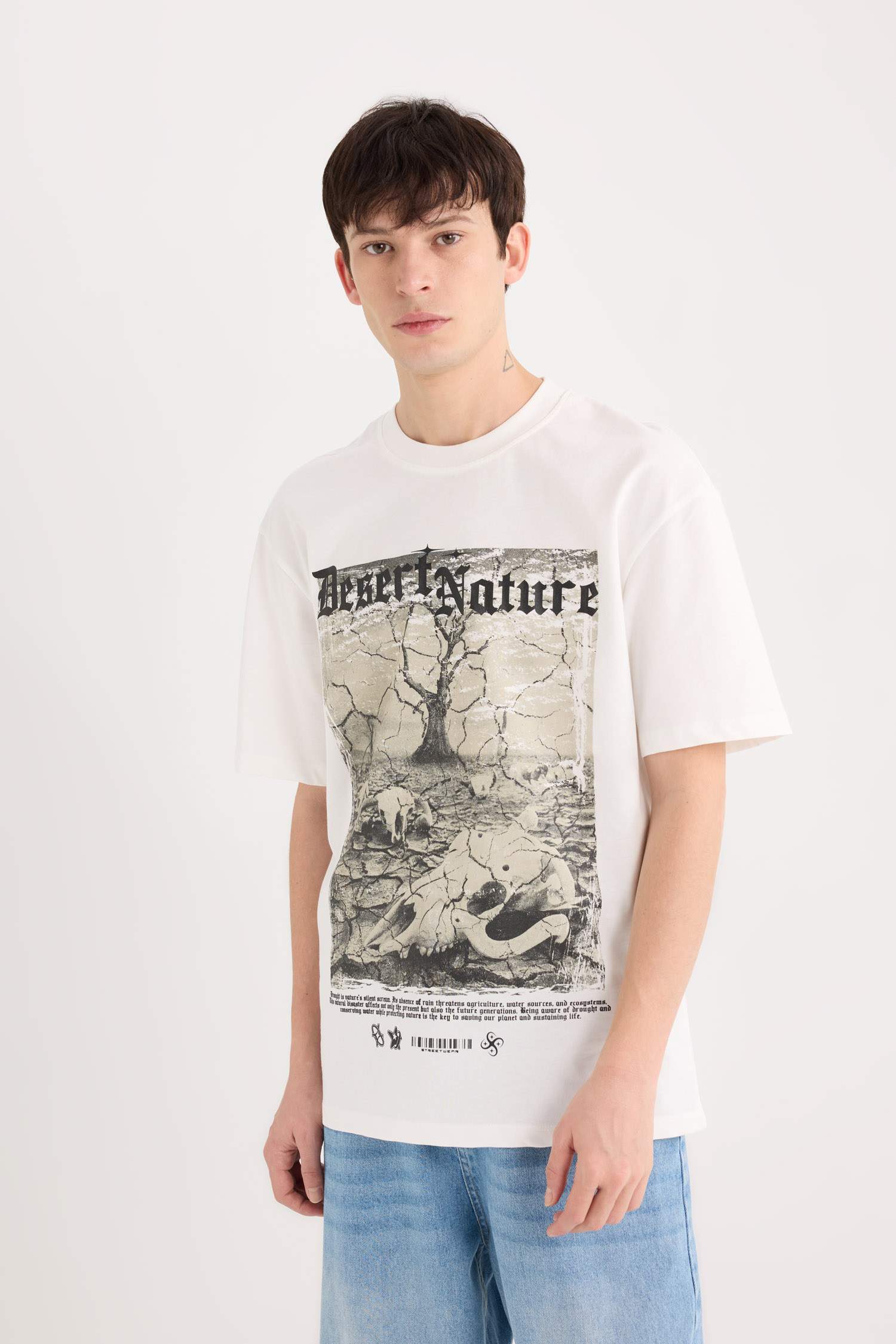 %100 Pamuk Boxy Fit Bisiklet Yaka Baskılı Kısa Kollu Tişört