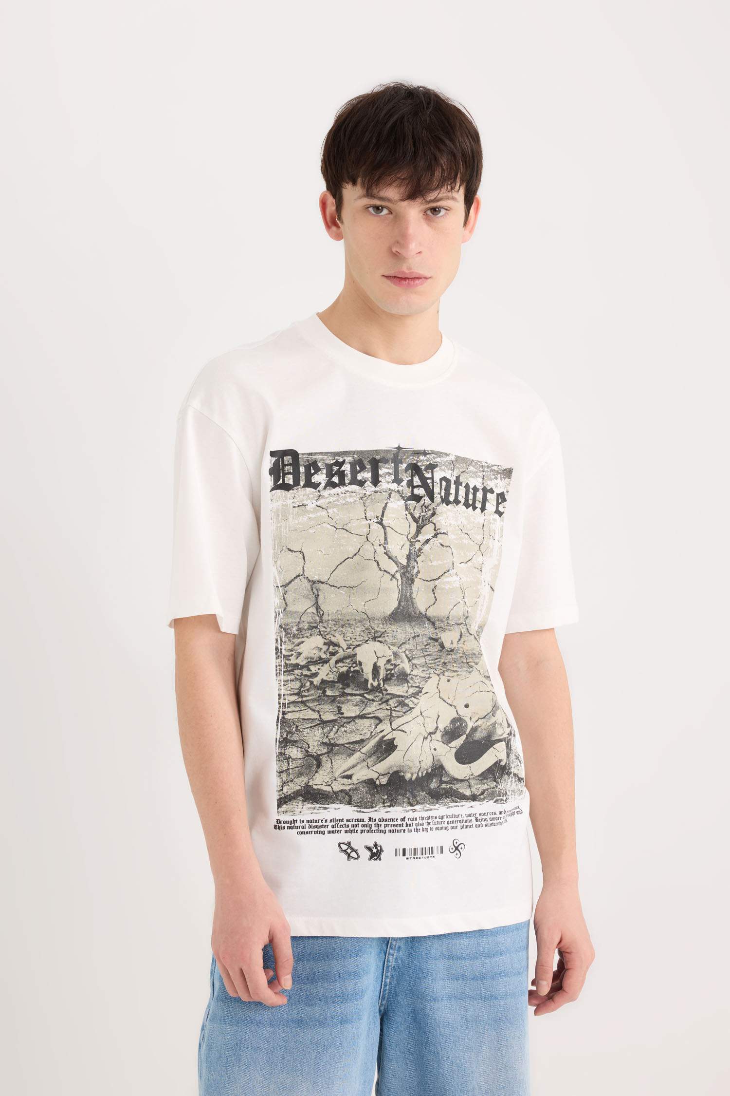 %100 Pamuk Boxy Fit Bisiklet Yaka Baskılı Kısa Kollu Tişört