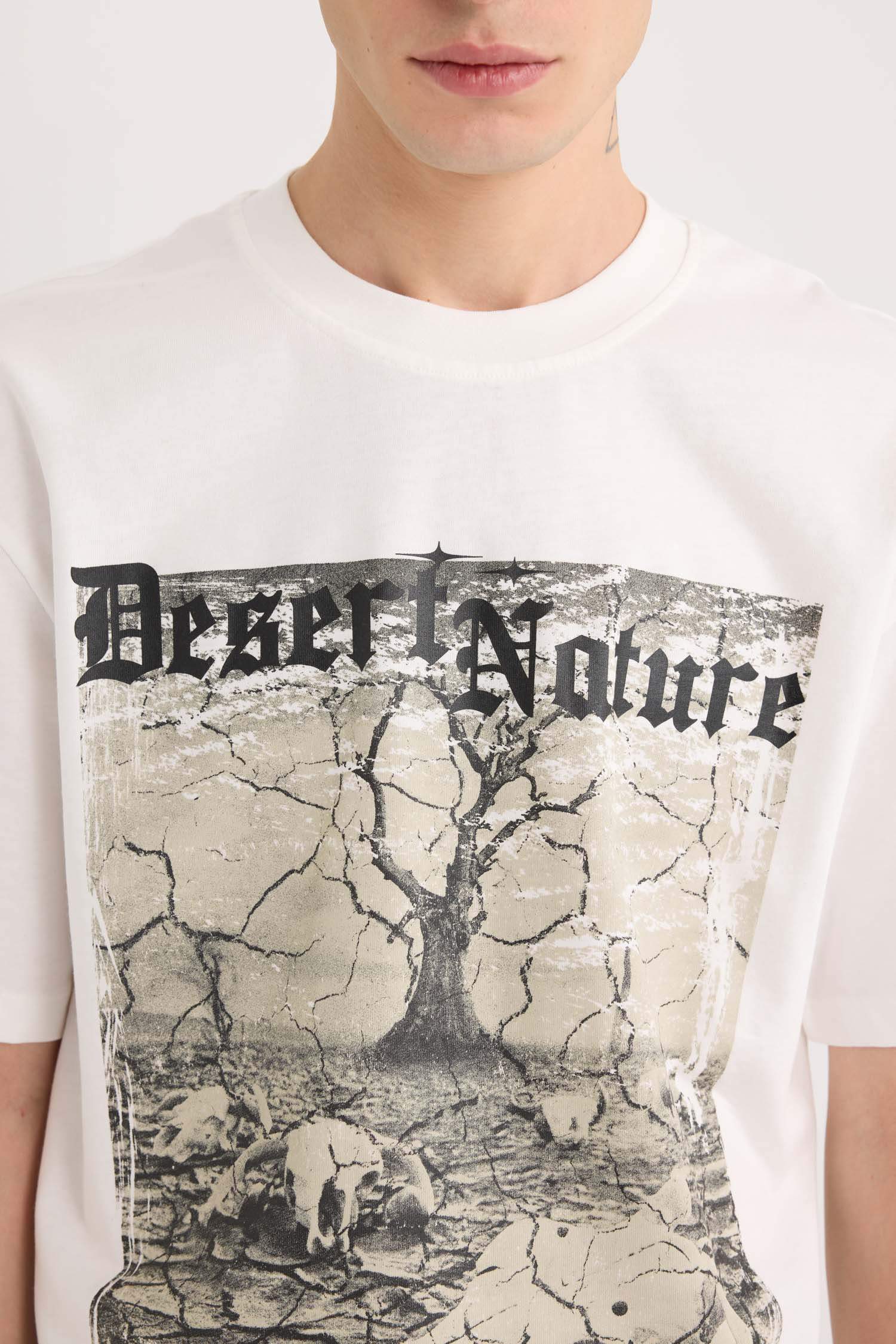 %100 Pamuk Boxy Fit Bisiklet Yaka Baskılı Kısa Kollu Tişört