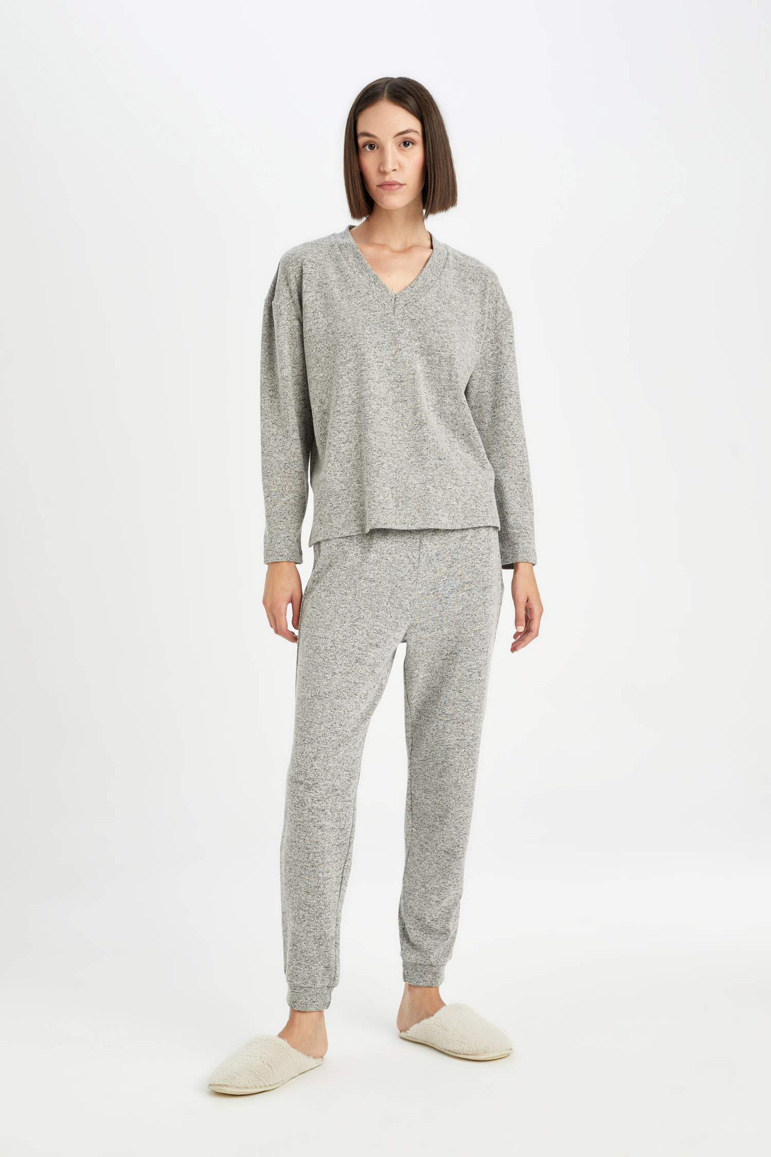 Pijama Takım V Yaka Uzun Kollu Üst Beli Lastikli Alt