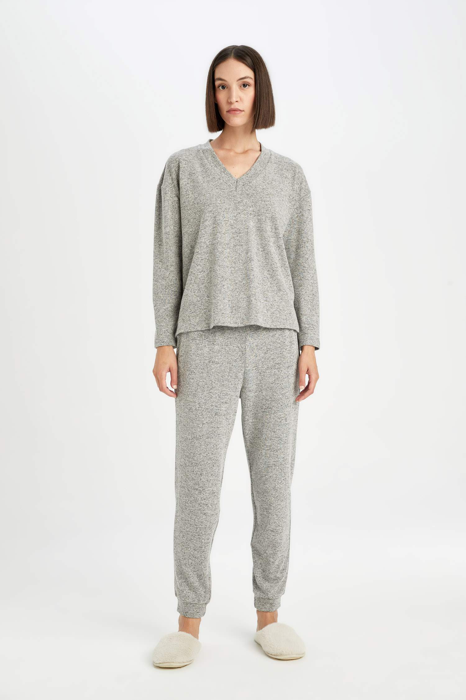 Pijama Takım V Yaka Uzun Kollu Üst Beli Lastikli Alt