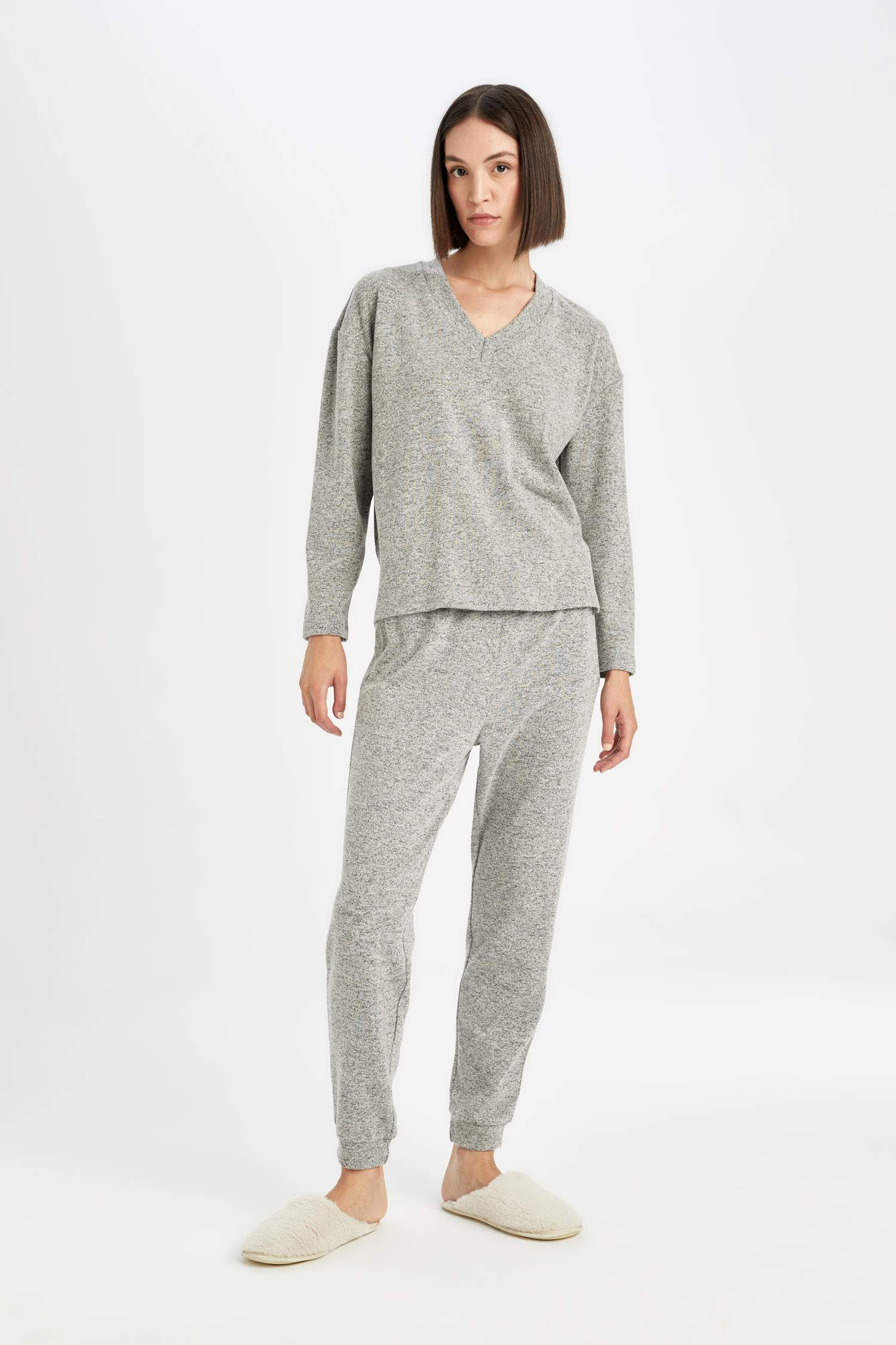 Pijama Takım V Yaka Uzun Kollu Üst Beli Lastikli Alt