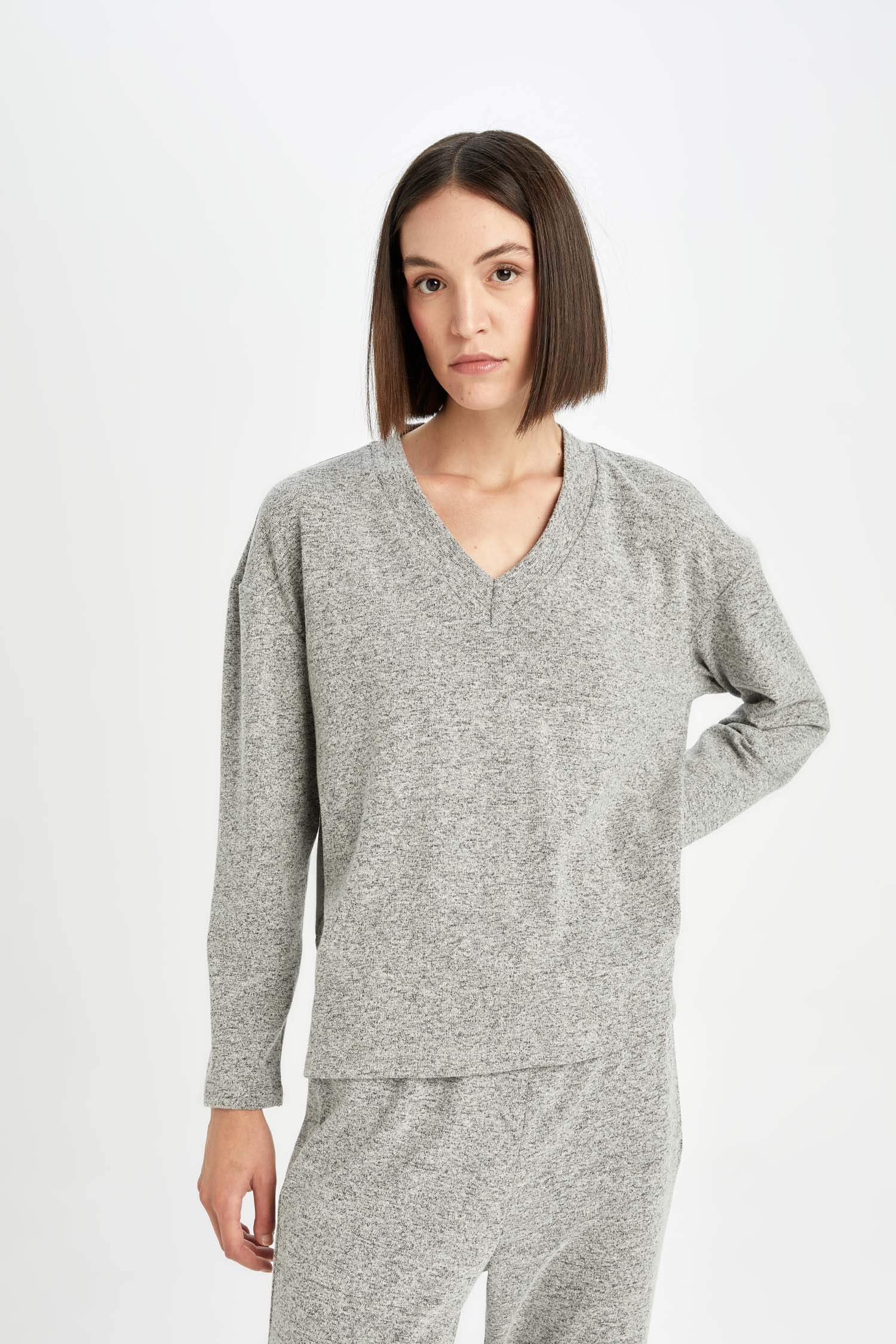 Pijama Takım V Yaka Uzun Kollu Üst Beli Lastikli Alt