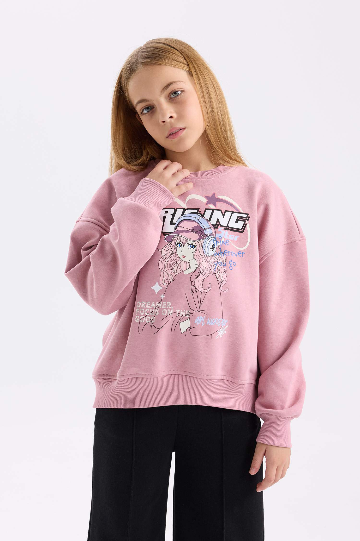 Kız Çocuk Oversize Geniş Kalıp Bisiklet Yaka Baskılı Sweatshirt