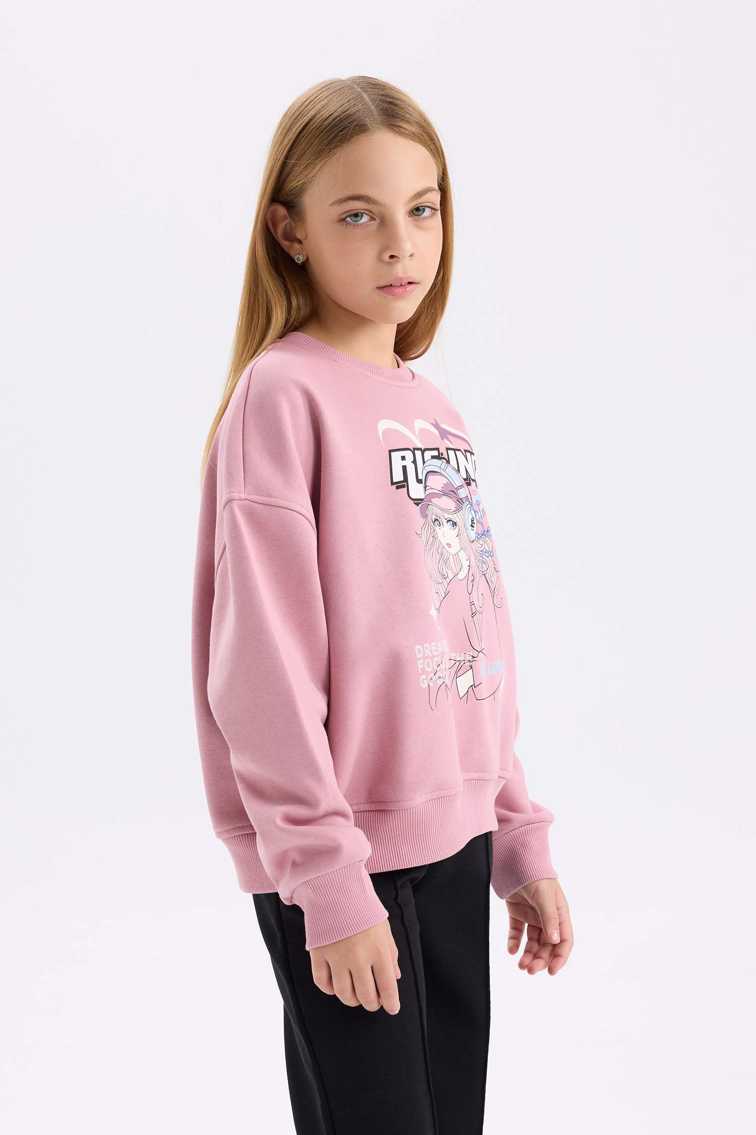 Kız Çocuk Oversize Geniş Kalıp Bisiklet Yaka Baskılı Sweatshirt