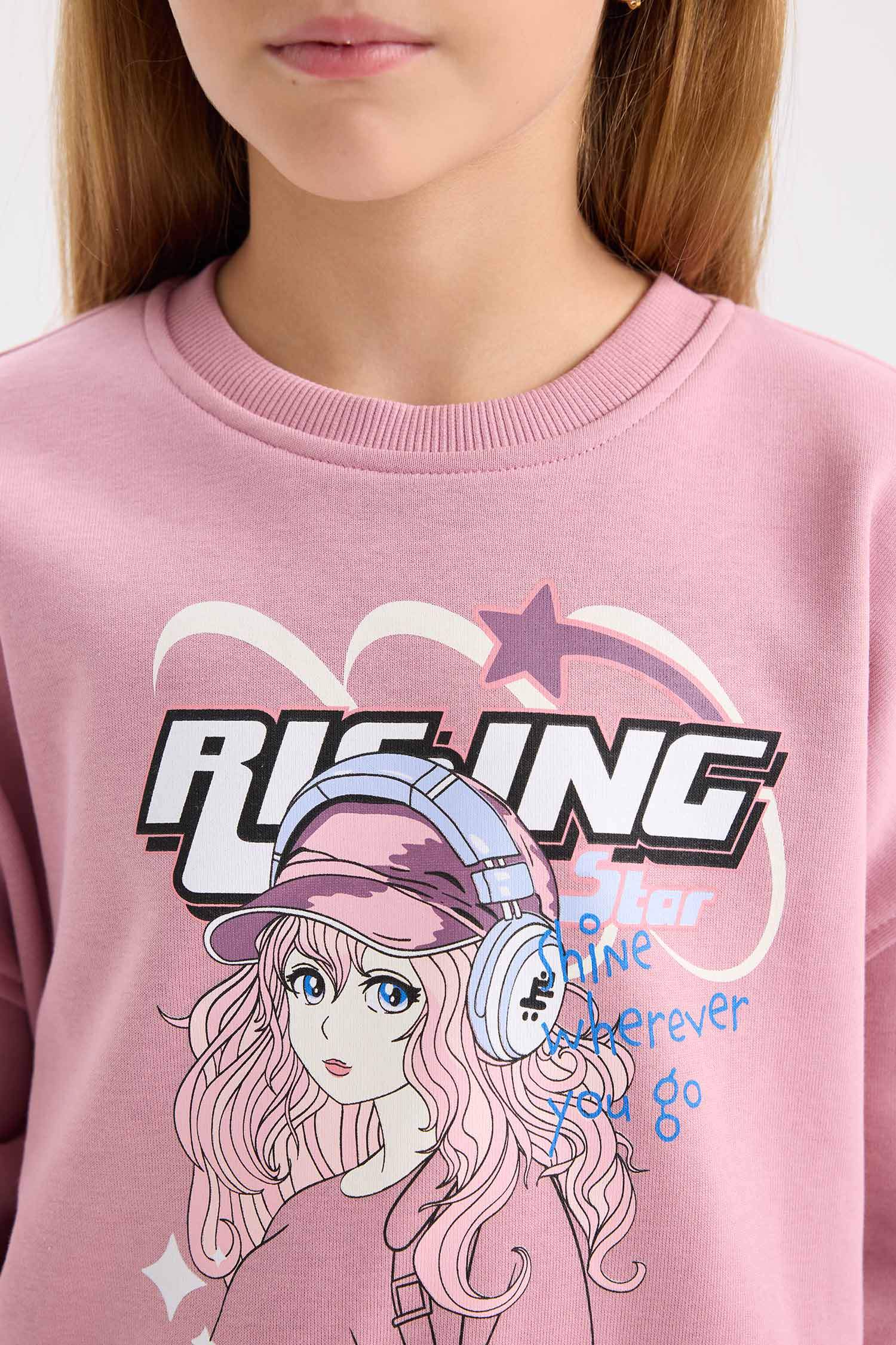 Kız Çocuk Oversize Geniş Kalıp Bisiklet Yaka Baskılı Sweatshirt