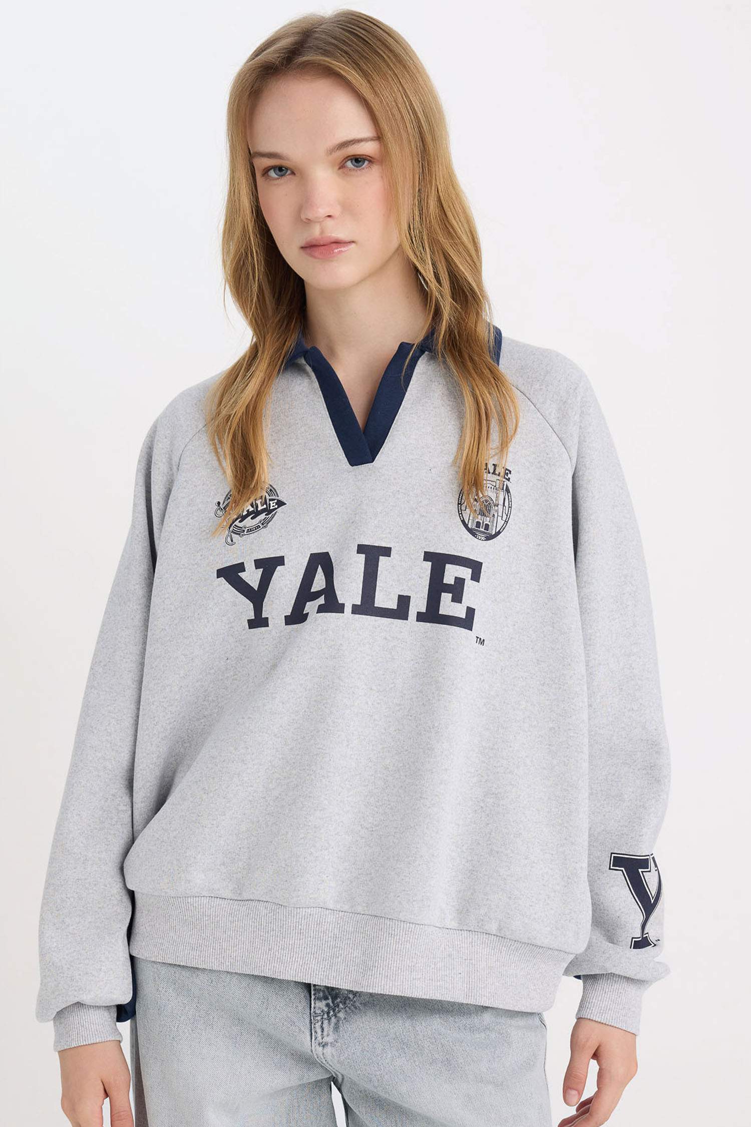 Yale University Oversize Geniş Kalıp Polo Yaka Baskılı Kalın Sweatshirt