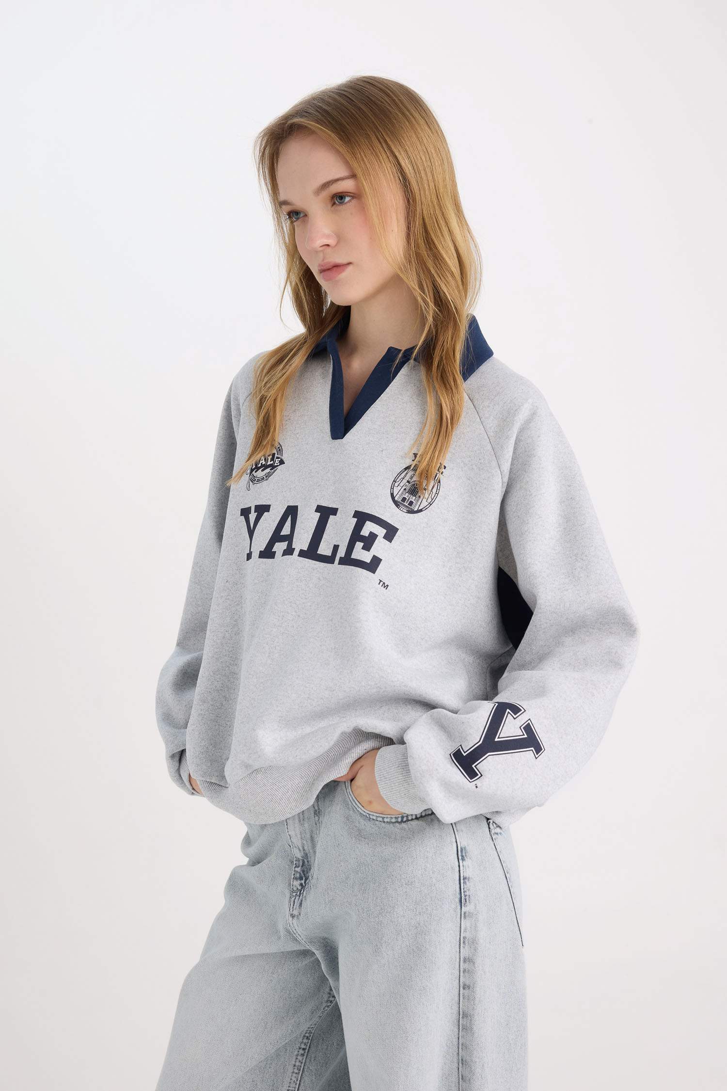 Yale University Oversize Geniş Kalıp Polo Yaka Baskılı Kalın Sweatshirt