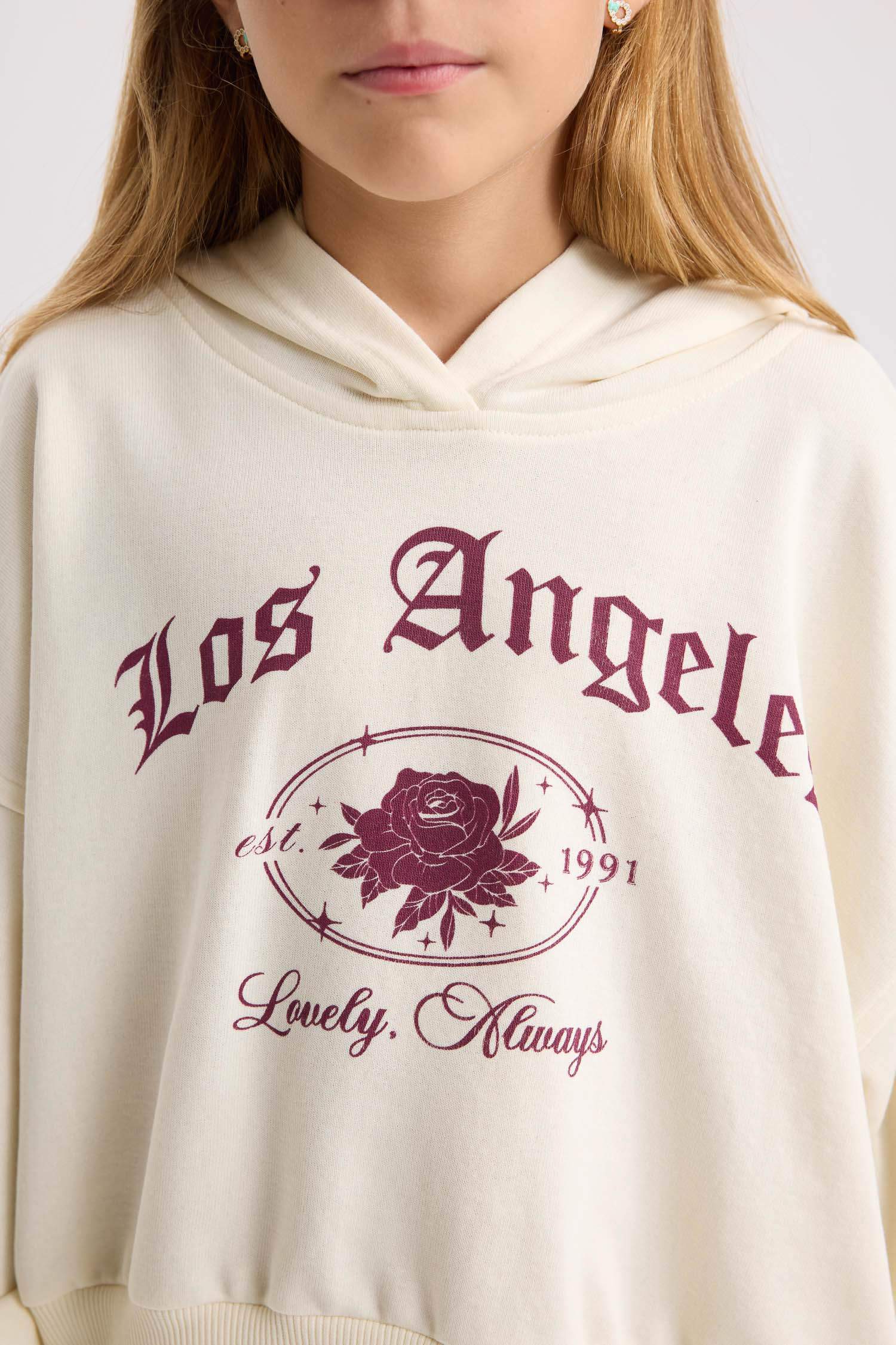 Kız Çocuk Ekru Oversize Geniş Kalıp Kapüşonlu Baskılı Sweatshirt