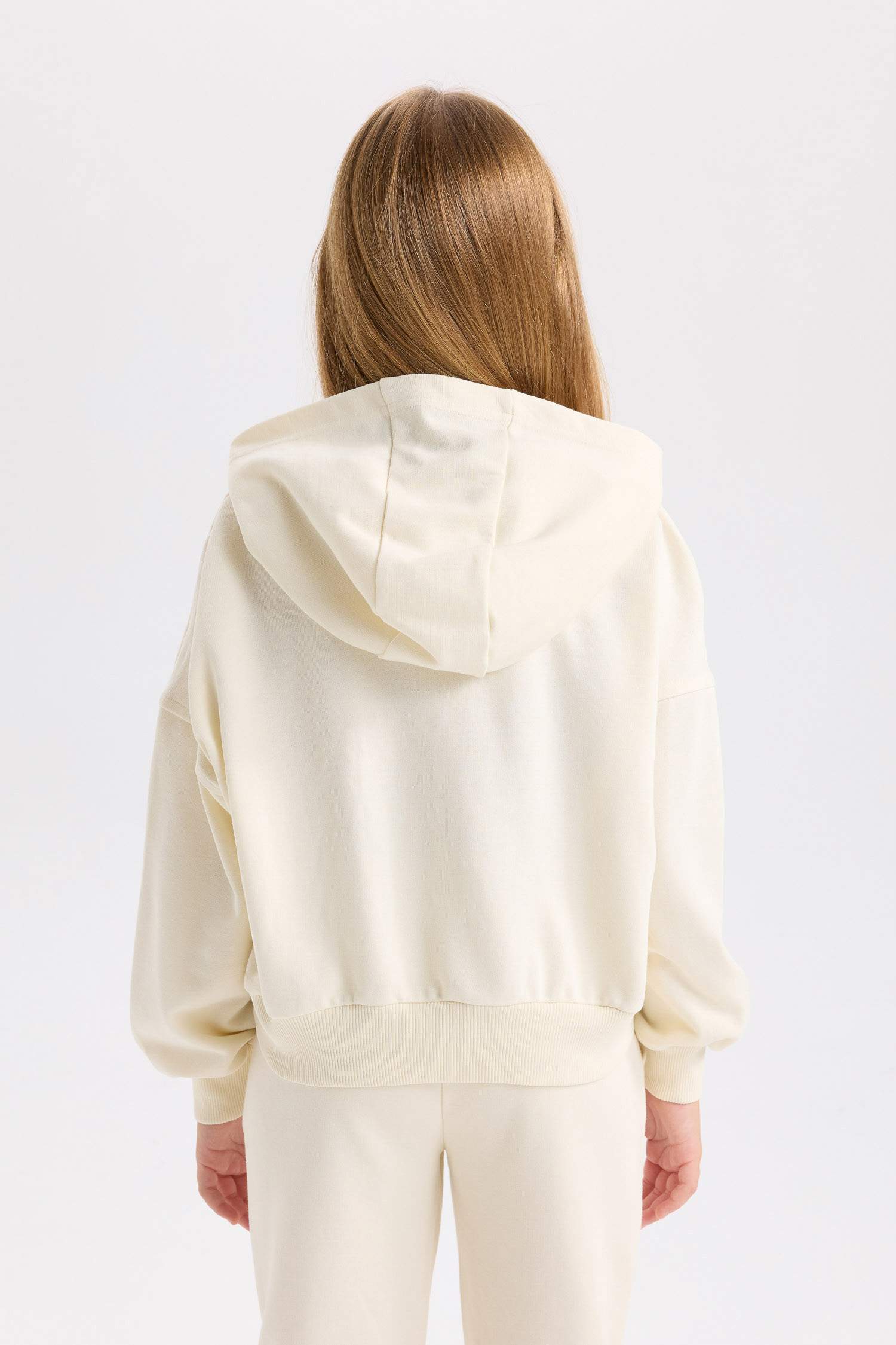 Kız Çocuk Ekru Oversize Geniş Kalıp Kapüşonlu Baskılı Sweatshirt