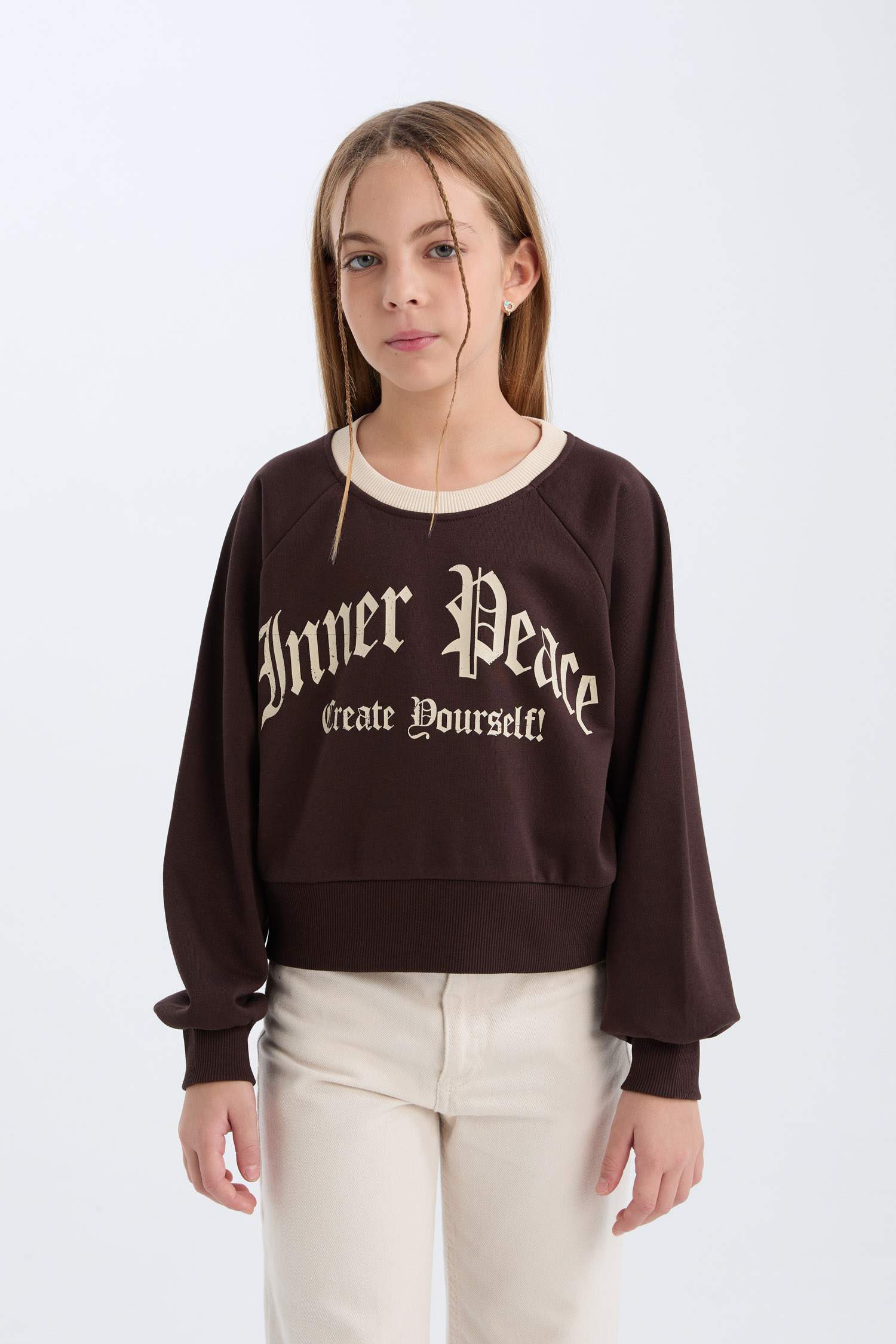 Sweatshirt à col rond avec imprimé et intérieur doux Coupe Relax pour fille